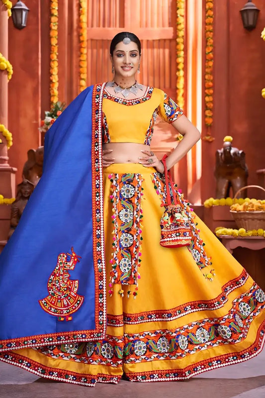 Traditional Gamthi Work Yellow Colour Chaniya Choli for Navratri