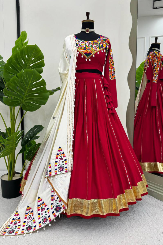 Rayon Red Lehenga With Kodi Design Blouse  For Navratri Festival