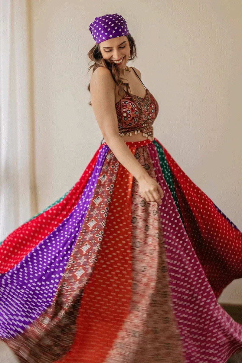 Fully Stitched Multicolor Gamthi Work Lehenga Choli For Navratri