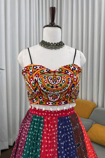 Fully Stitched Multicolor Gamthi Work Lehenga Choli For Navratri
