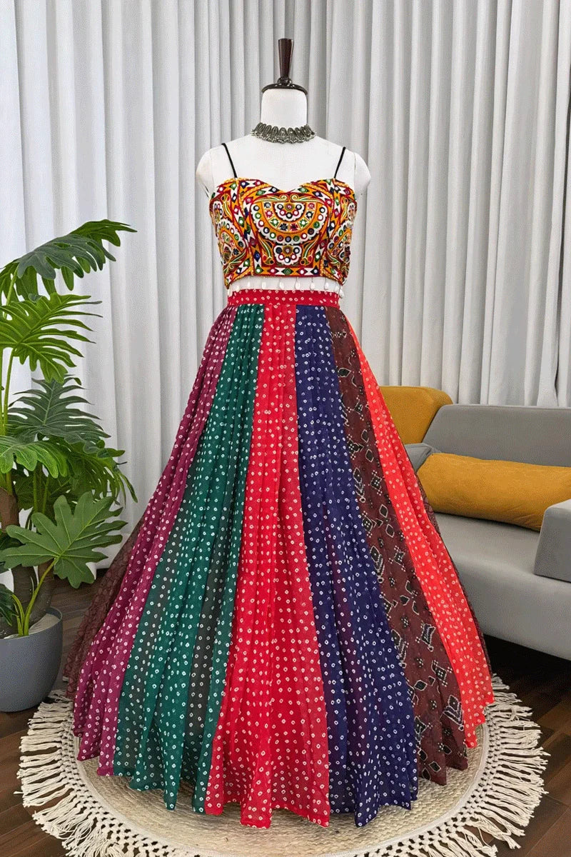 Fully Stitched Multicolor Gamthi Work Lehenga Choli For Navratri
