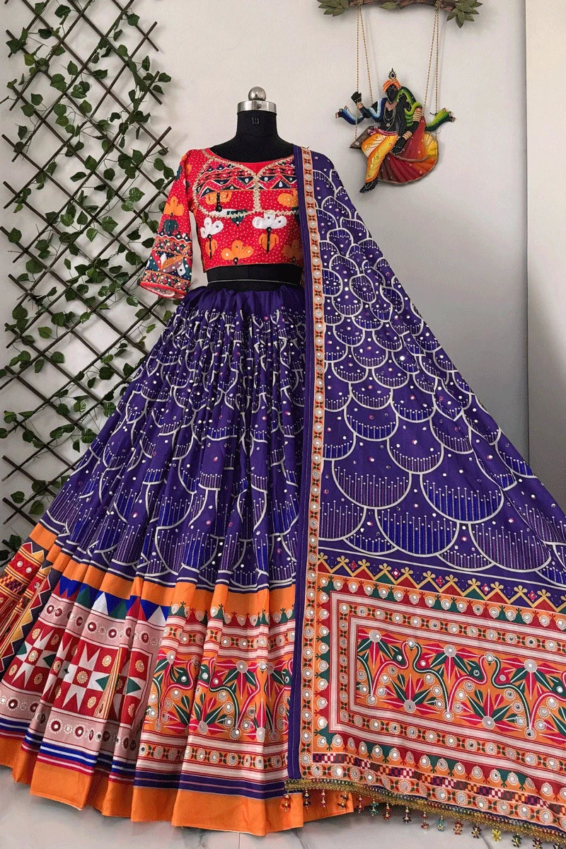 Real Mirror Work Digital Print Ghagra Choli For Garba