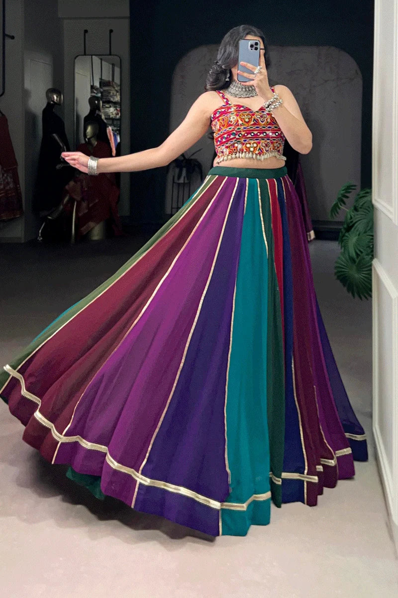 Multicolor Fully Stitched Gamthi Work Lehenga Choli For Dandiya Night