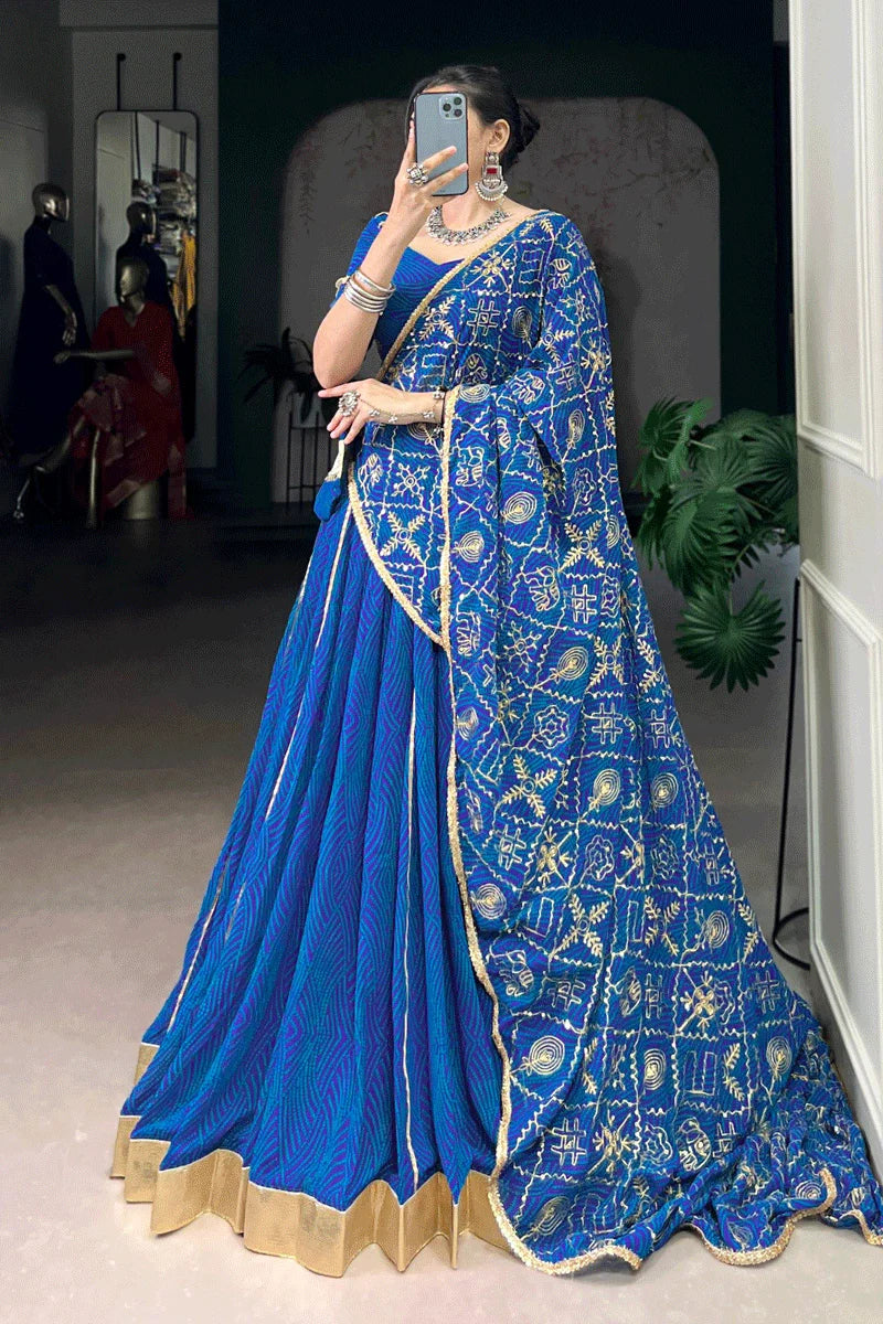 Blue Color Bandhani Print Ghagra Choli For Navratri