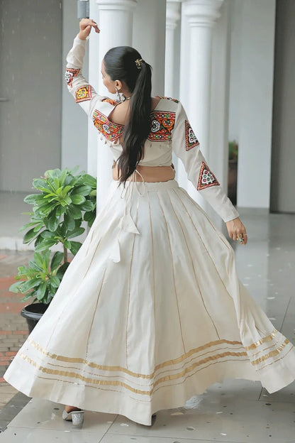 Designer White Ghagra Choli With Gamthi Work Blouse For Garba Night