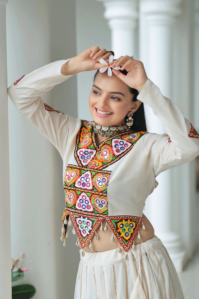 Designer White Ghagra Choli With Gamthi Work Blouse For Garba Night