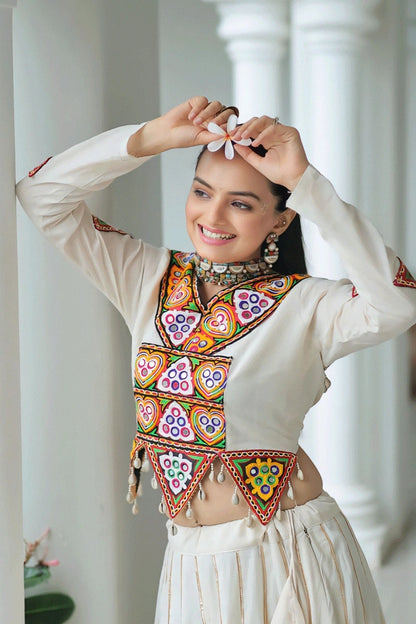 Designer White Ghagra Choli With Gamthi Work Blouse For Garba Night