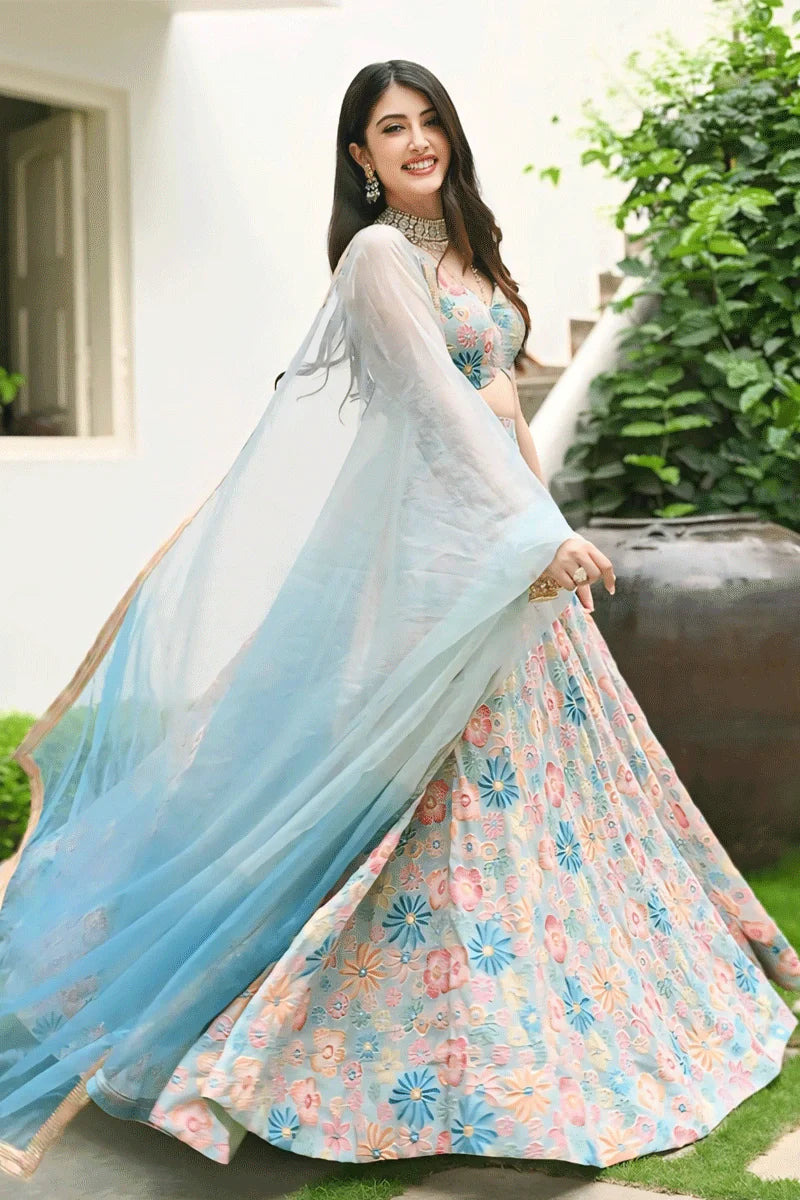 Flower Design Sky Blue Colour Lehenga Choli For Wedding