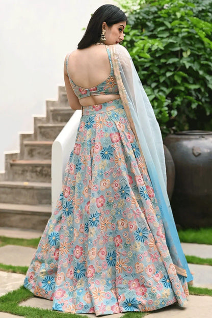 Flower Design Sky Blue Colour Lehenga Choli For Wedding