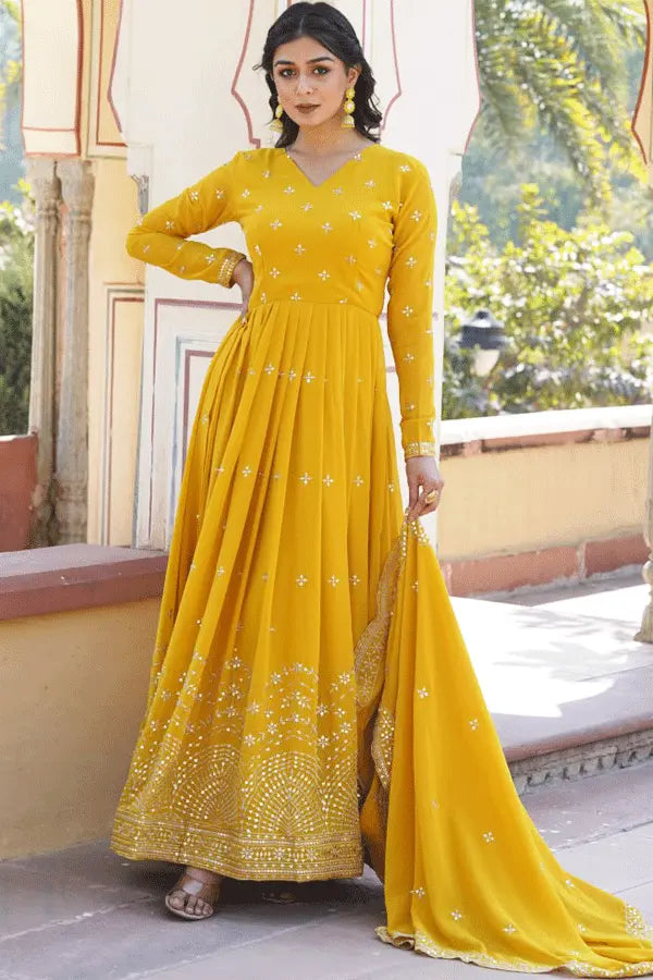 Yellow Long Gown For Raksha Bandhan