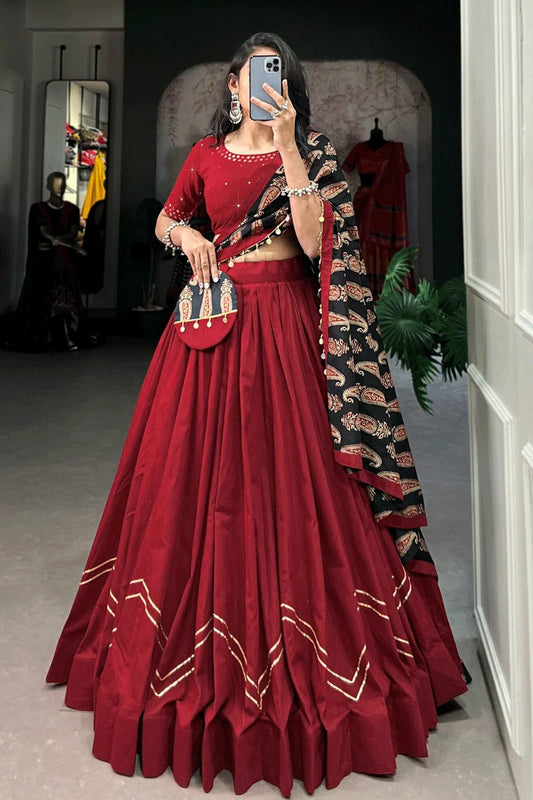 Maroon Cotton Lehenga With Printed Balck Dupatta For Navratri