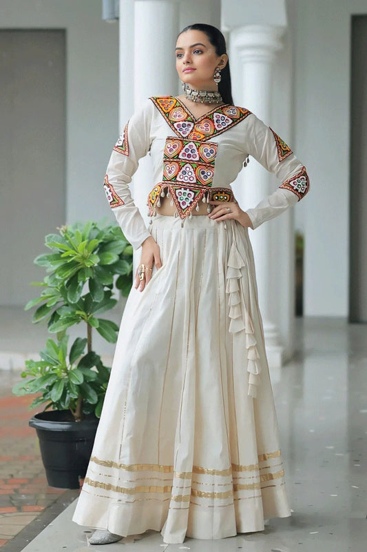 Designer White Ghagra Choli With Gamthi Work Blouse For Garba Night