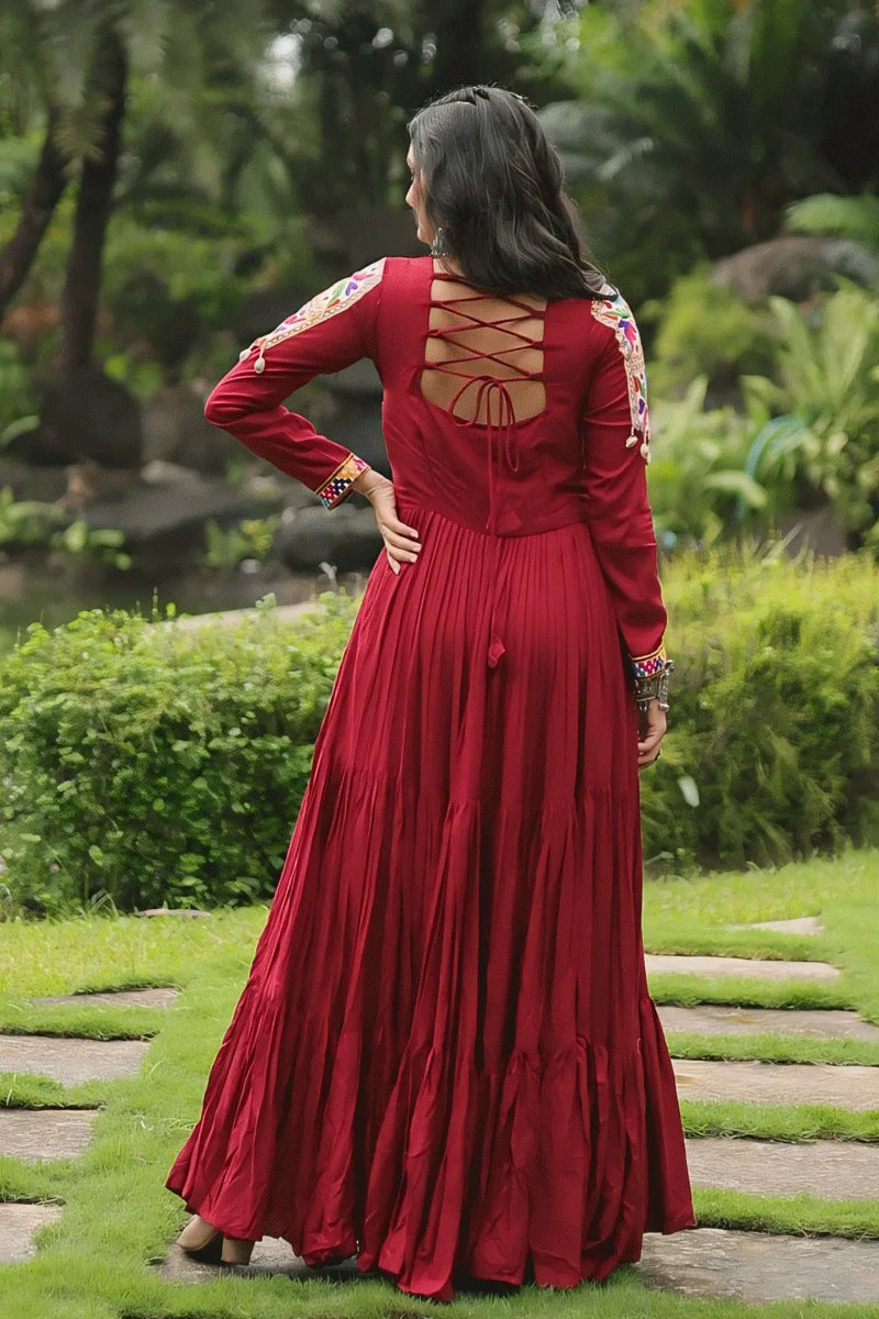 Heavy Flair Inner Cotton Fabric Maroon Gown For Garba