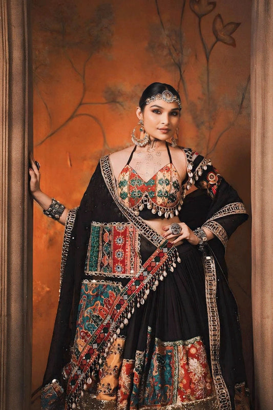 Real Mirror Work Cotton Black Chaniya Choli For Garba