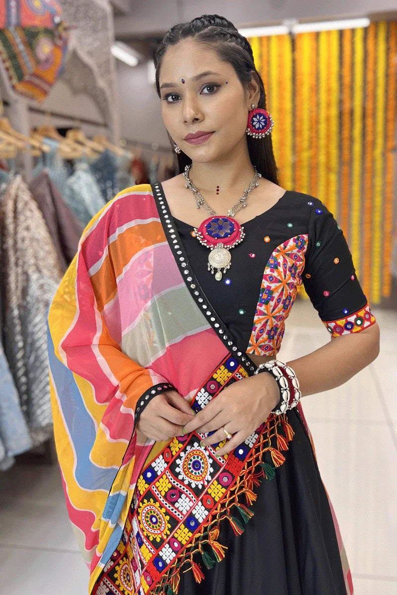 Navratri Black Colour Lehenga Choli With Multi Colour Dupatta