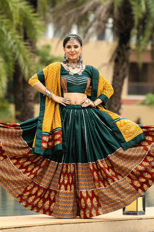 Fully Stiched Heavy Flare Dark Green Lehenga For Women