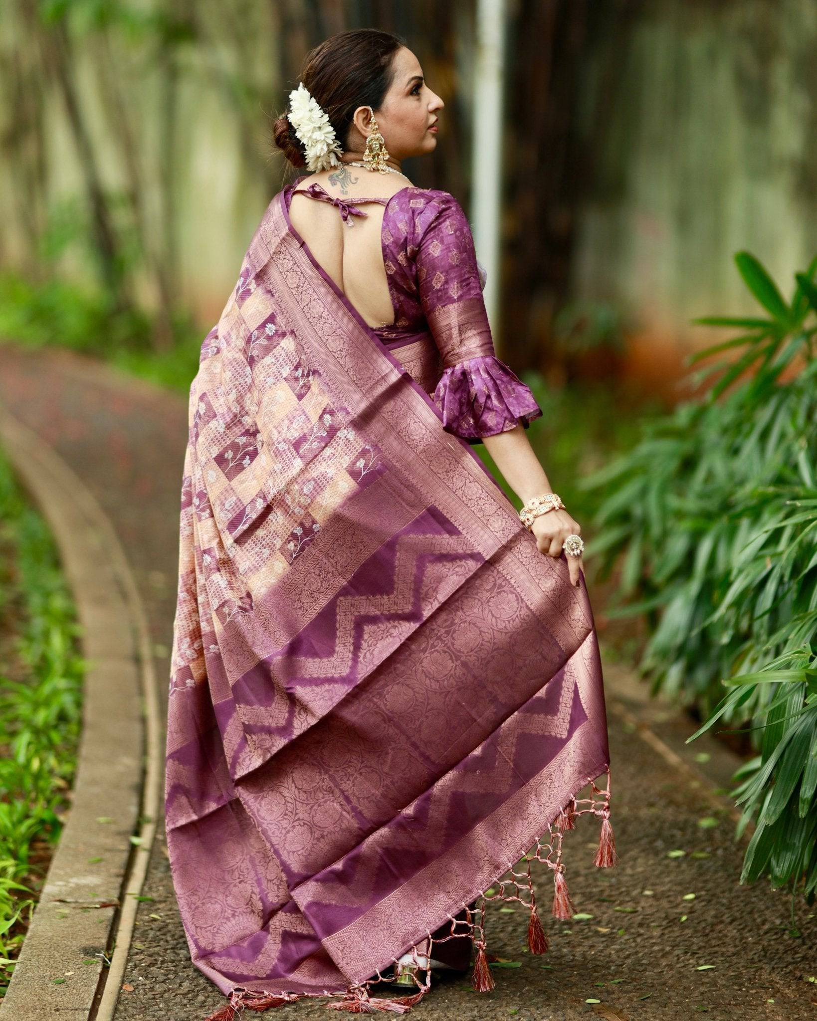 Pure Banarasi Silk Saree Weaved With Golden Zari Comes With Tassels - Fashion Dream Studio