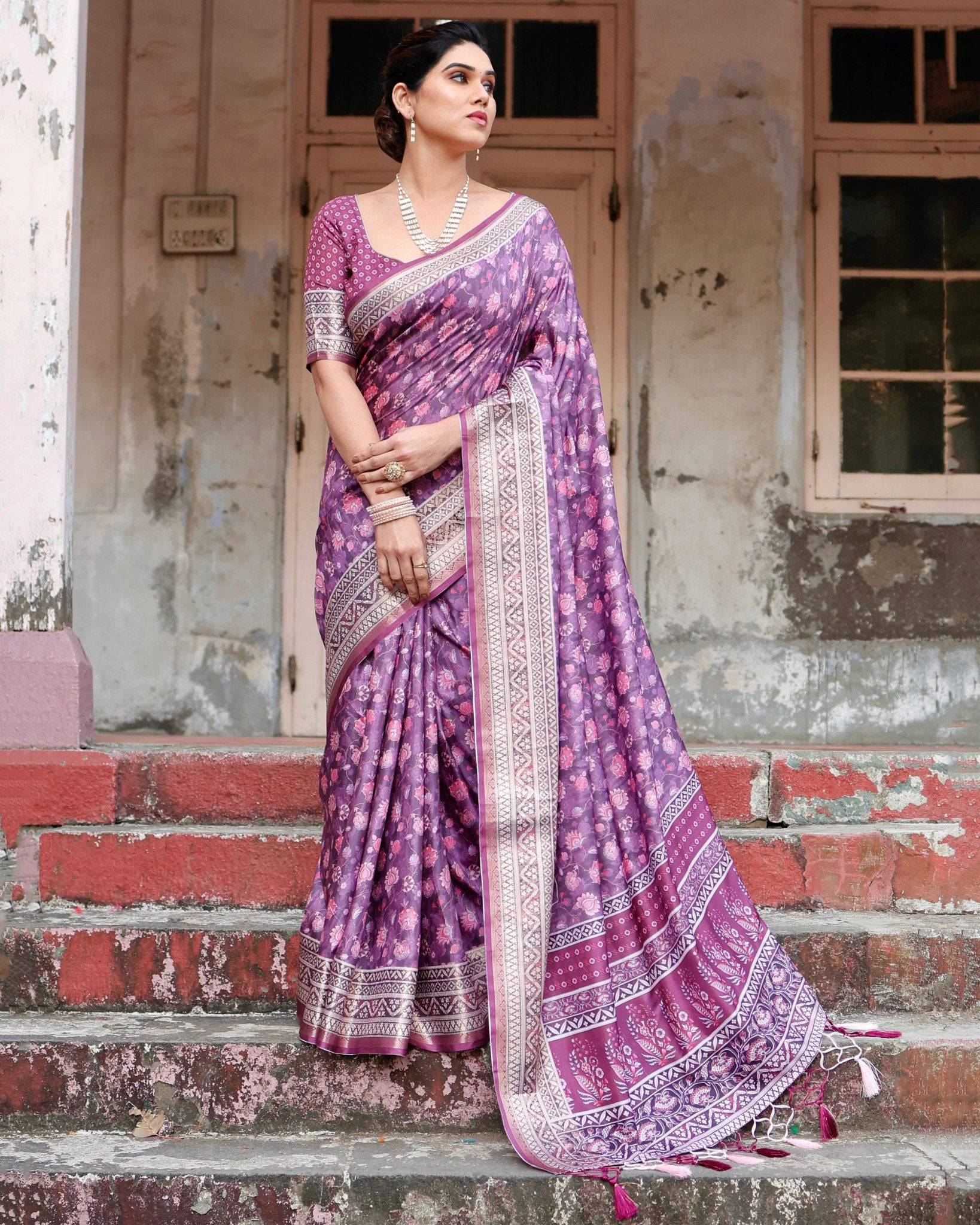 Purple Floral Pure Silk Digital Print Saree with Silver Border and Tassels