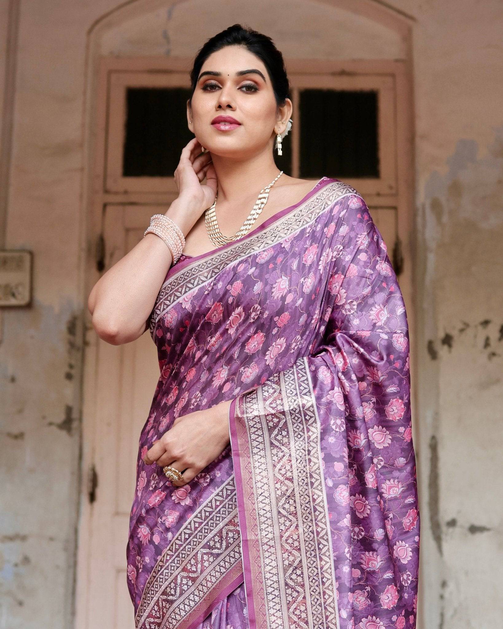 Purple Floral Pure Silk Digital Print Saree with Silver Border and Tassels - Fashion Dream Studio