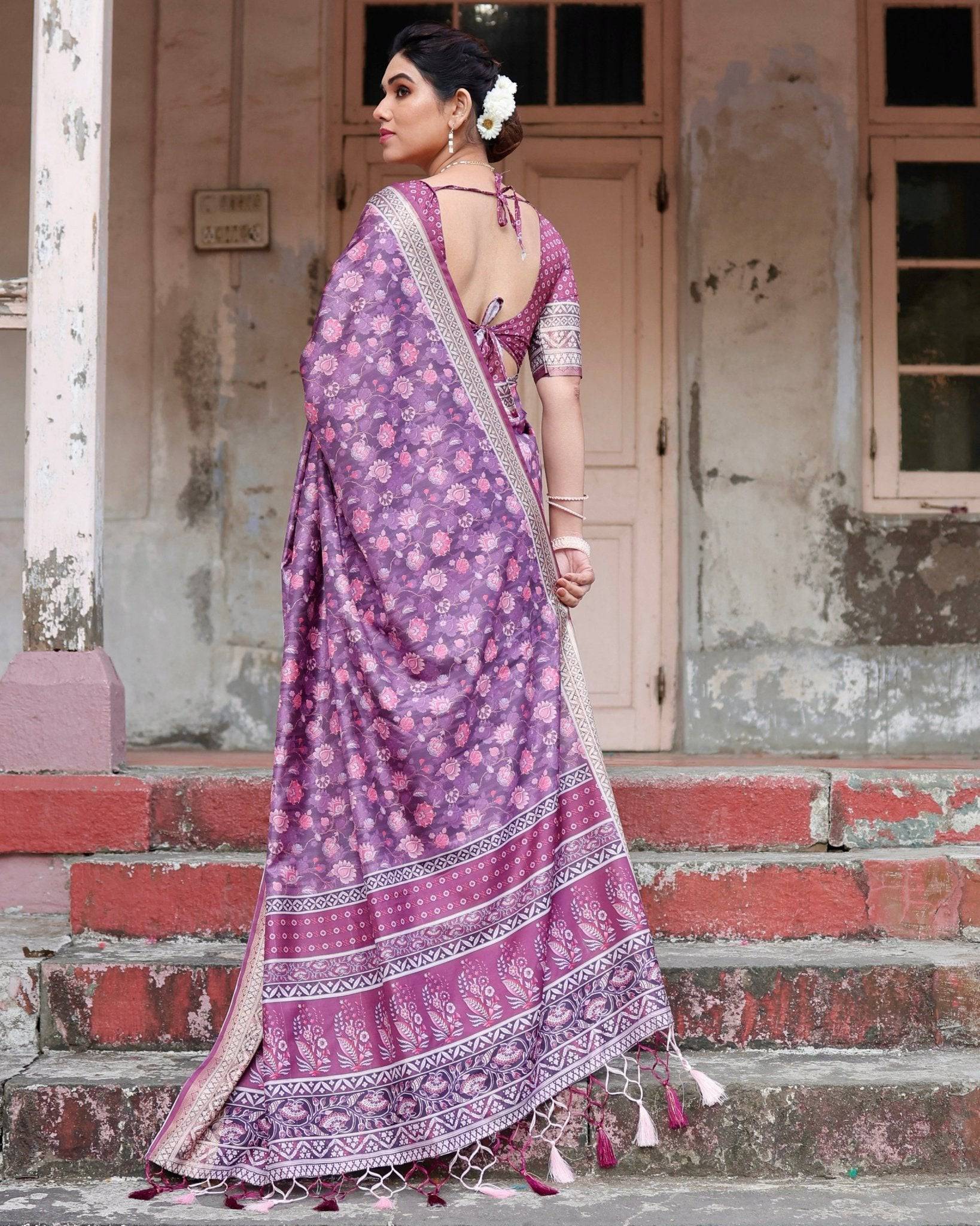 Purple Floral Pure Silk Digital Print Saree with Silver Border and Tassels - Fashion Dream Studio