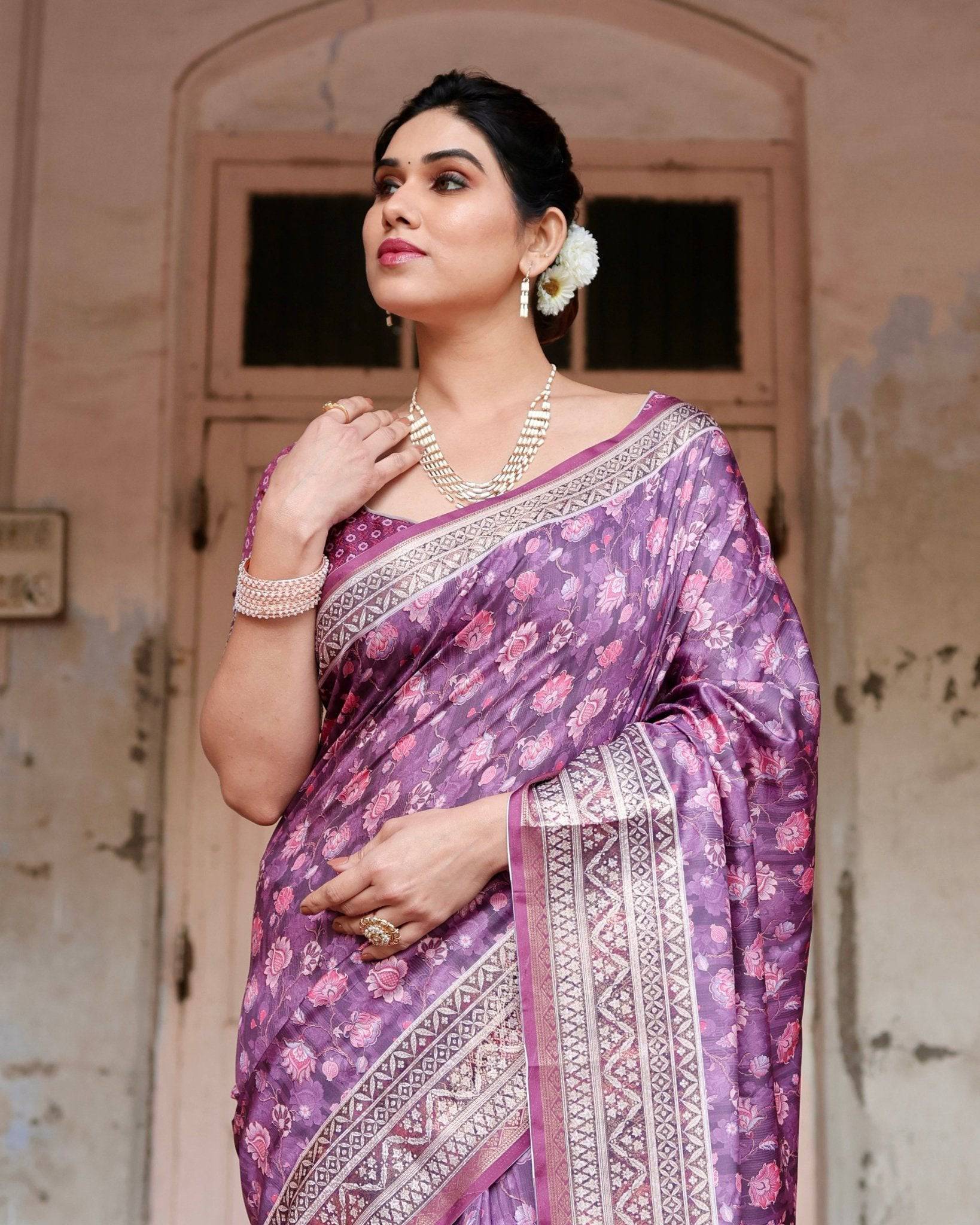 Purple Floral Pure Silk Digital Print Saree with Silver Border and Tassels - Fashion Dream Studio