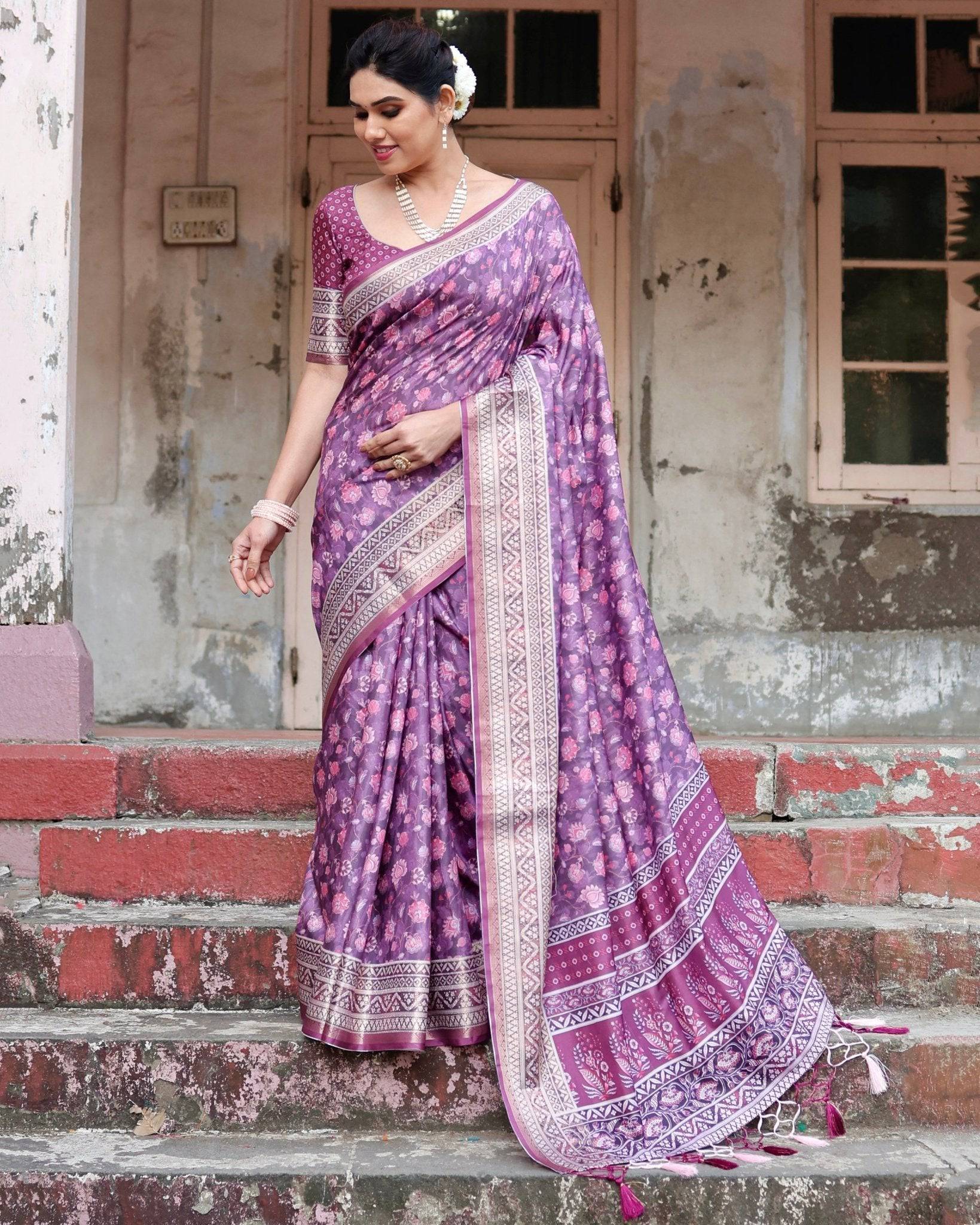 Purple Floral Pure Silk Digital Print Saree with Silver Border and Tassels - Fashion Dream Studio