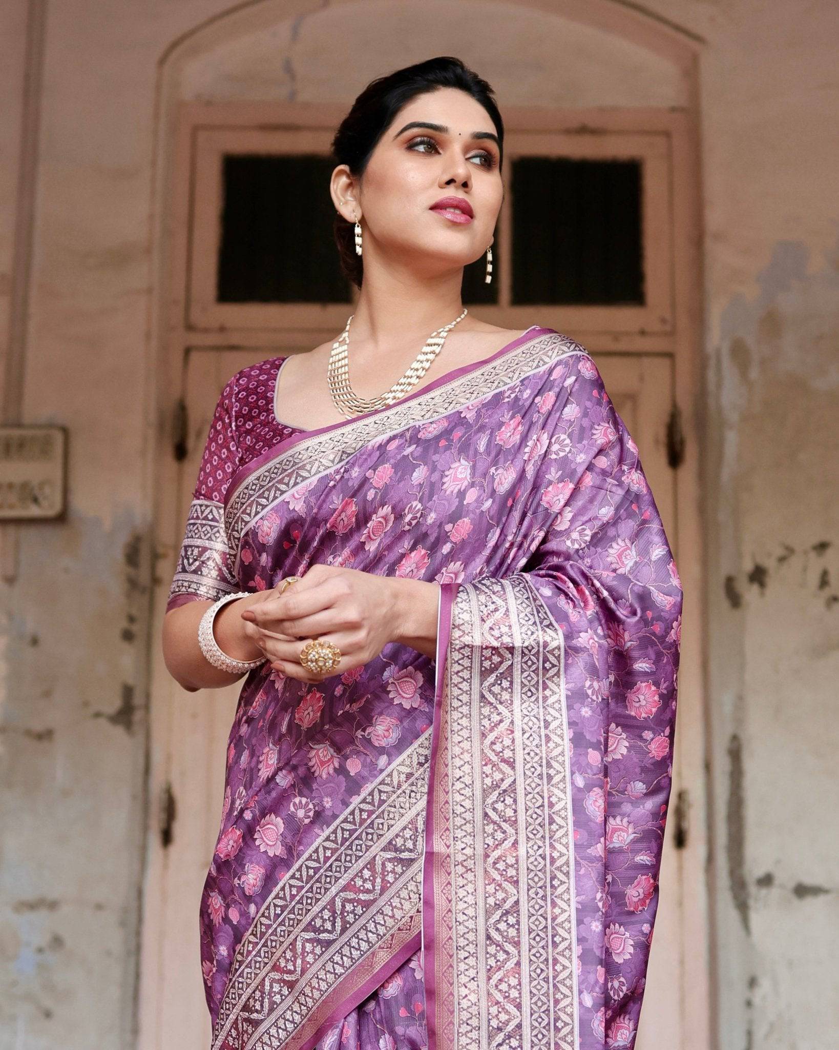 Purple Floral Pure Silk Digital Print Saree with Silver Border and Tassels - Fashion Dream Studio