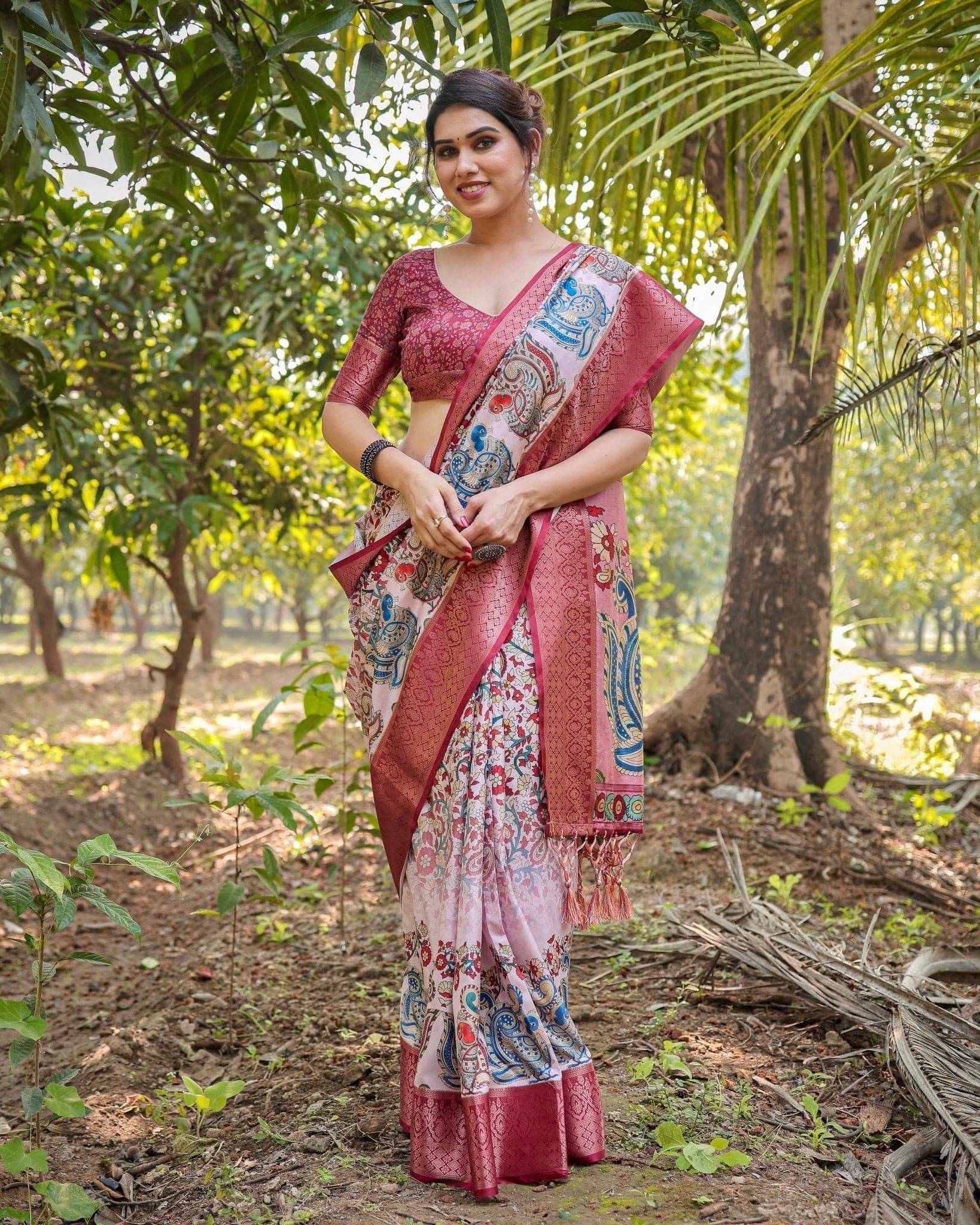 Pure Silk Digitally Printed Saree Weaved With Golden Zari Comes With Tassels