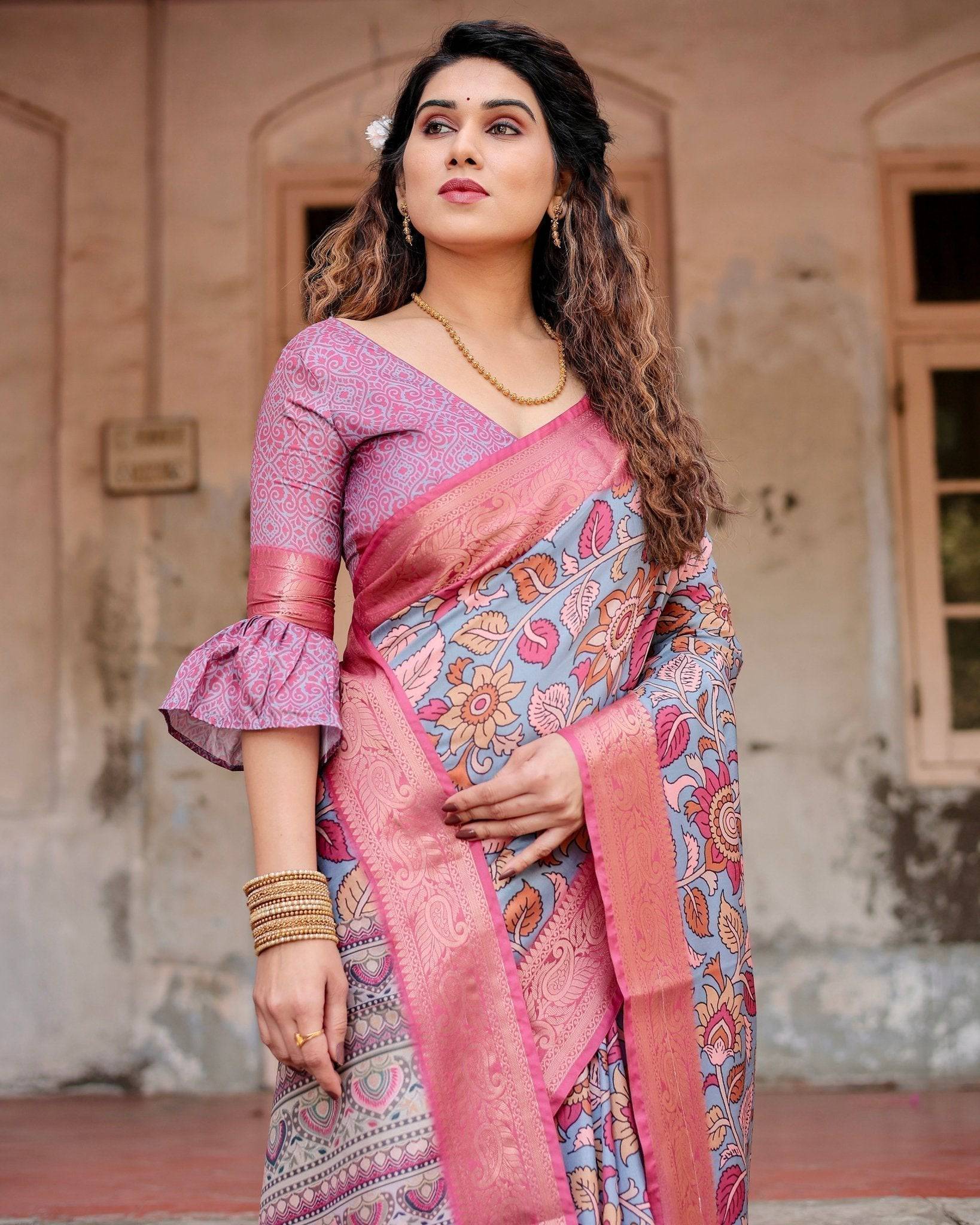 Pure Silk Digitally Printed Saree Weaved With Golden Zari Comes With Tassels - Fashion Dream Studio