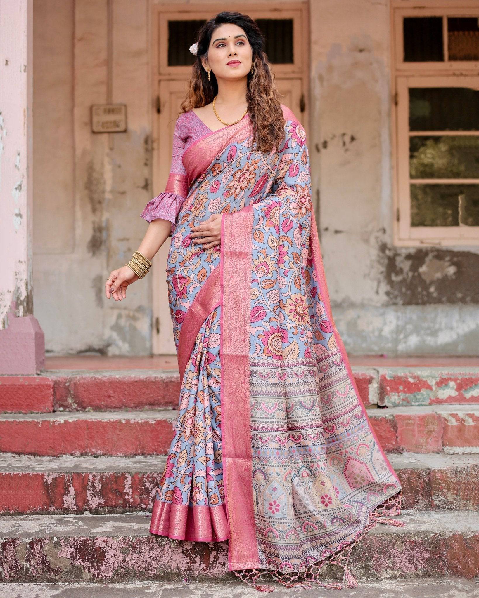 Pure Silk Digitally Printed Saree Weaved With Golden Zari Comes With Tassels - Fashion Dream Studio