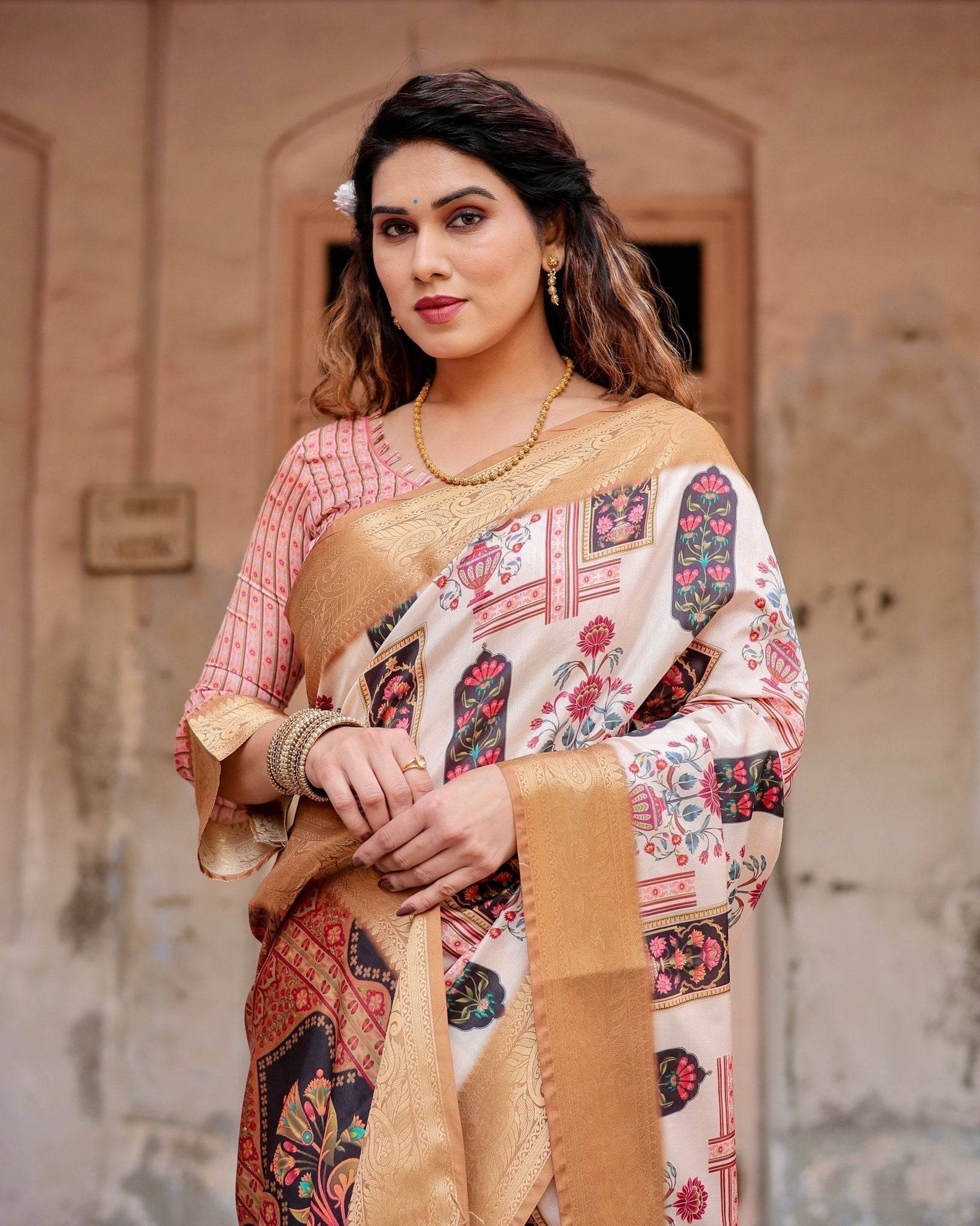 Pure Silk Digitally Printed Saree Weaved With Golden Zari Comes With Tassels - Fashion Dream Studio