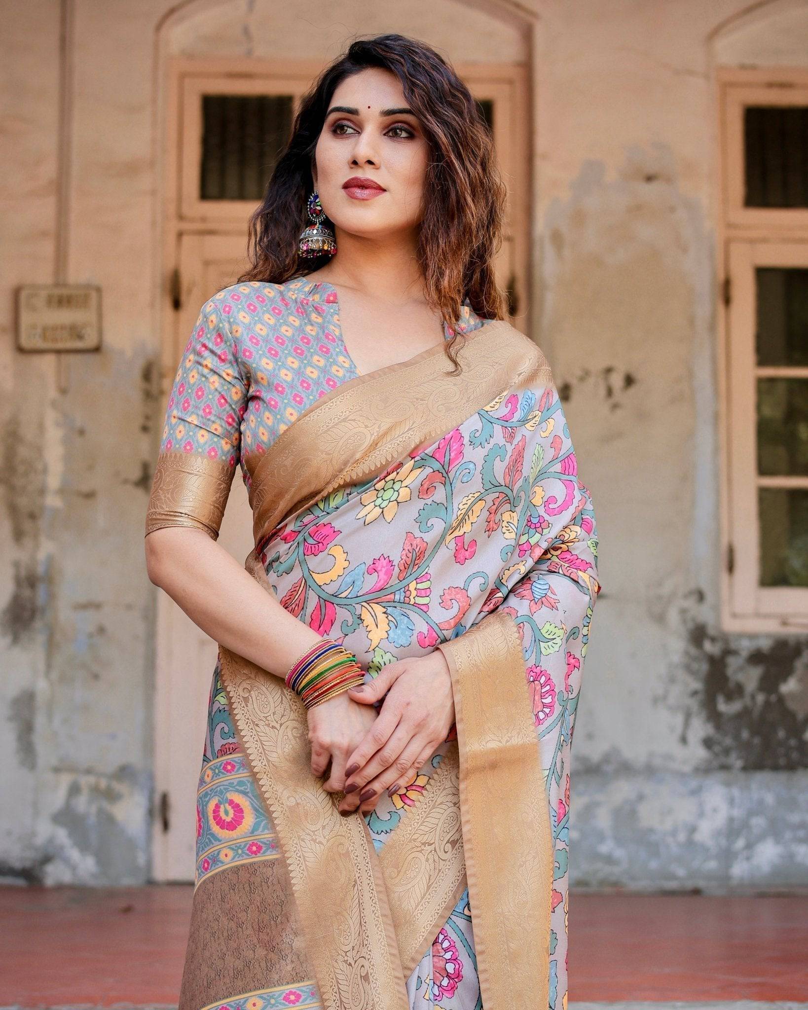 Pure Silk Digitally Printed Saree Weaved With Golden Zari Comes With Tassels - Fashion Dream Studio