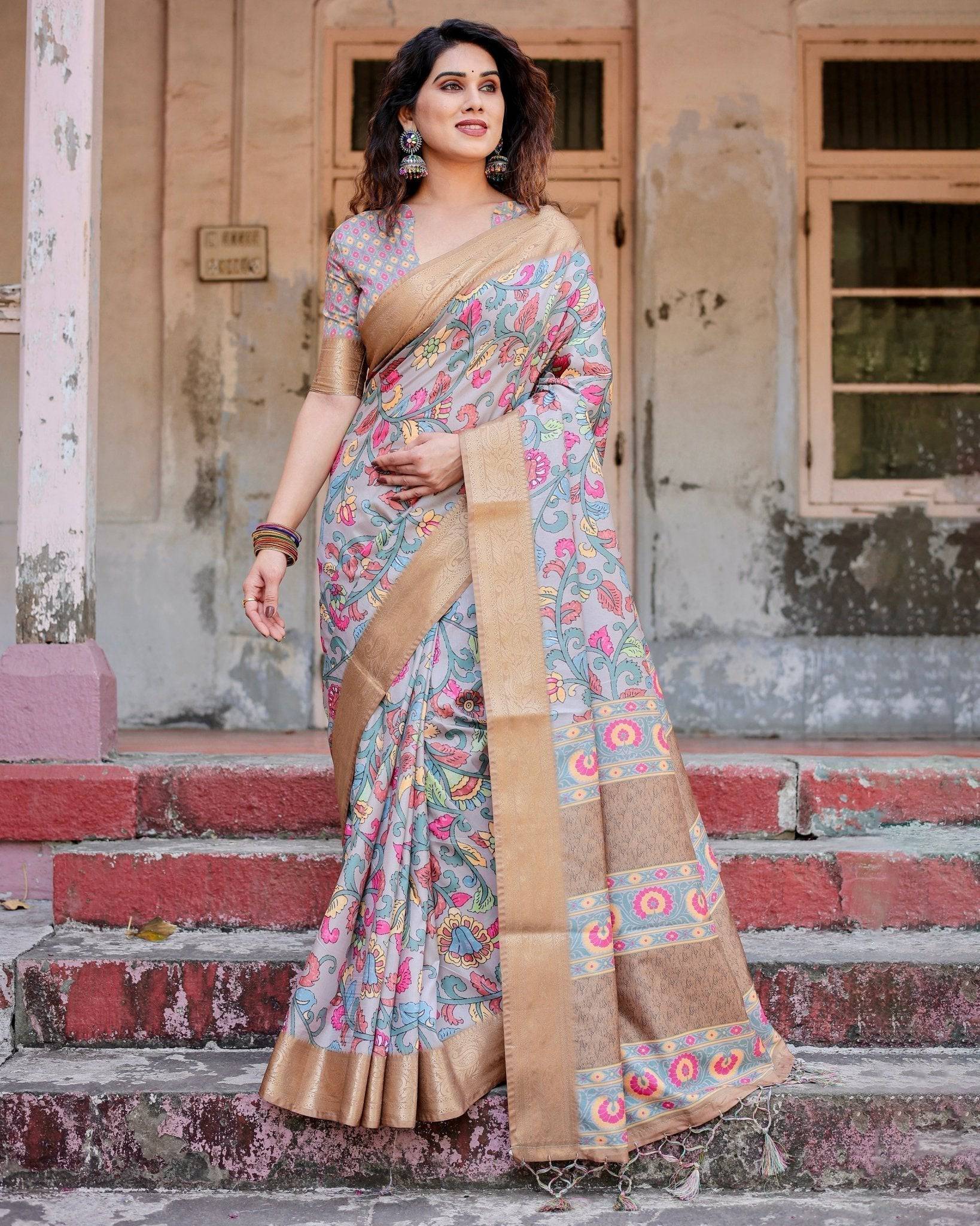 Pure Silk Digitally Printed Saree Weaved With Golden Zari Comes With Tassels - Fashion Dream Studio