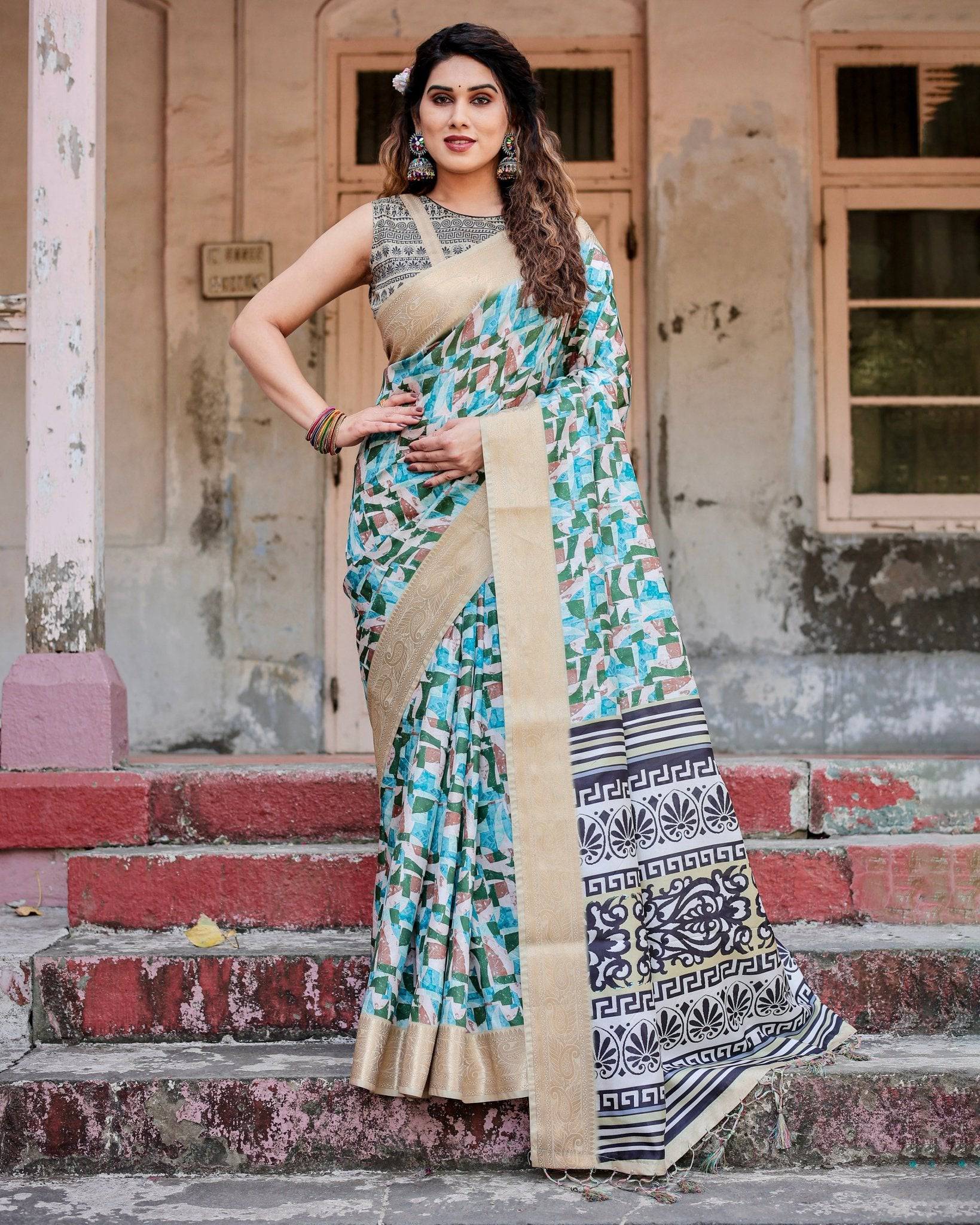 Pure Silk Digitally Printed Saree Weaved With Golden Zari Comes With Tassels