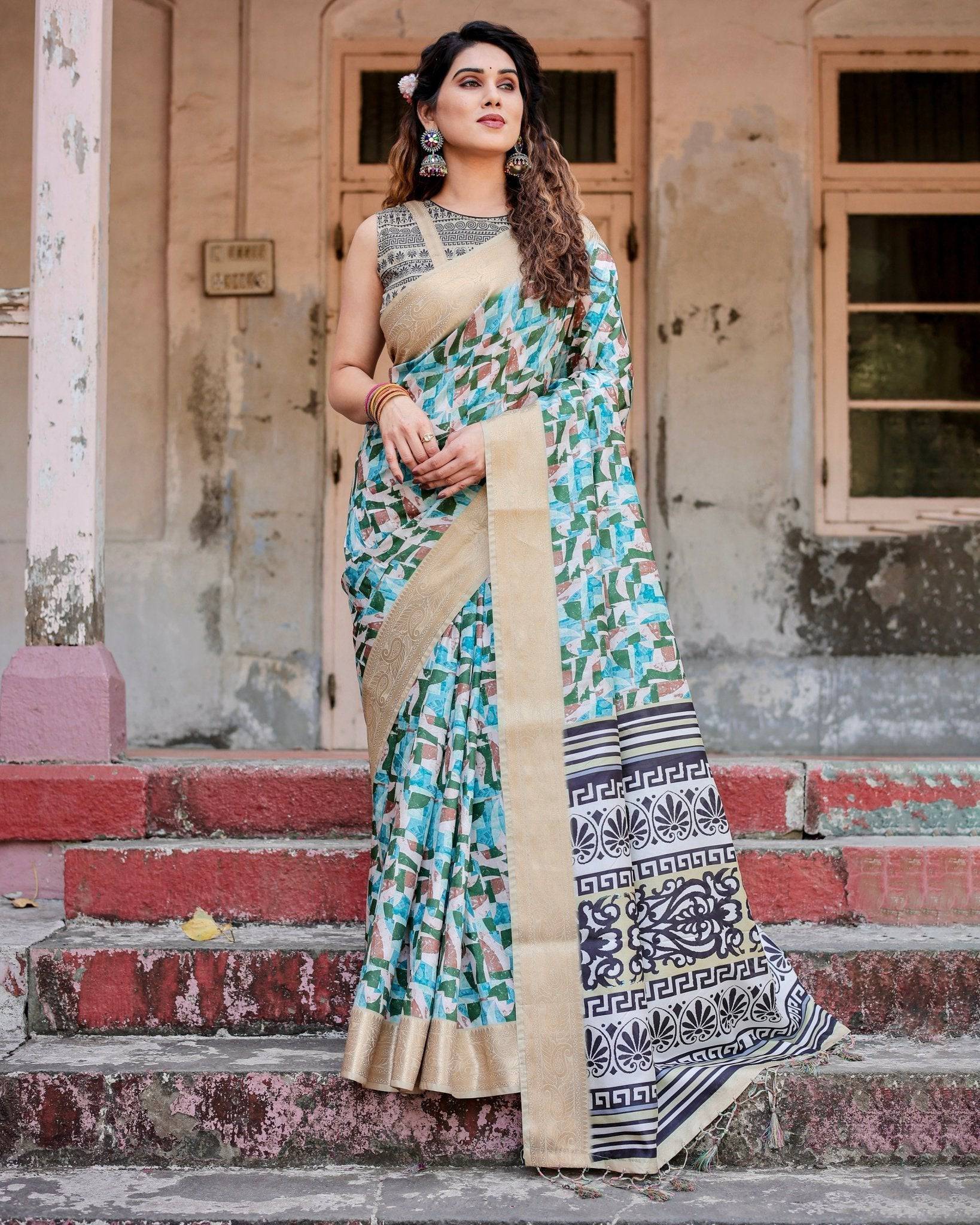 Pure Silk Digitally Printed Saree Weaved With Golden Zari Comes With Tassels - Fashion Dream Studio