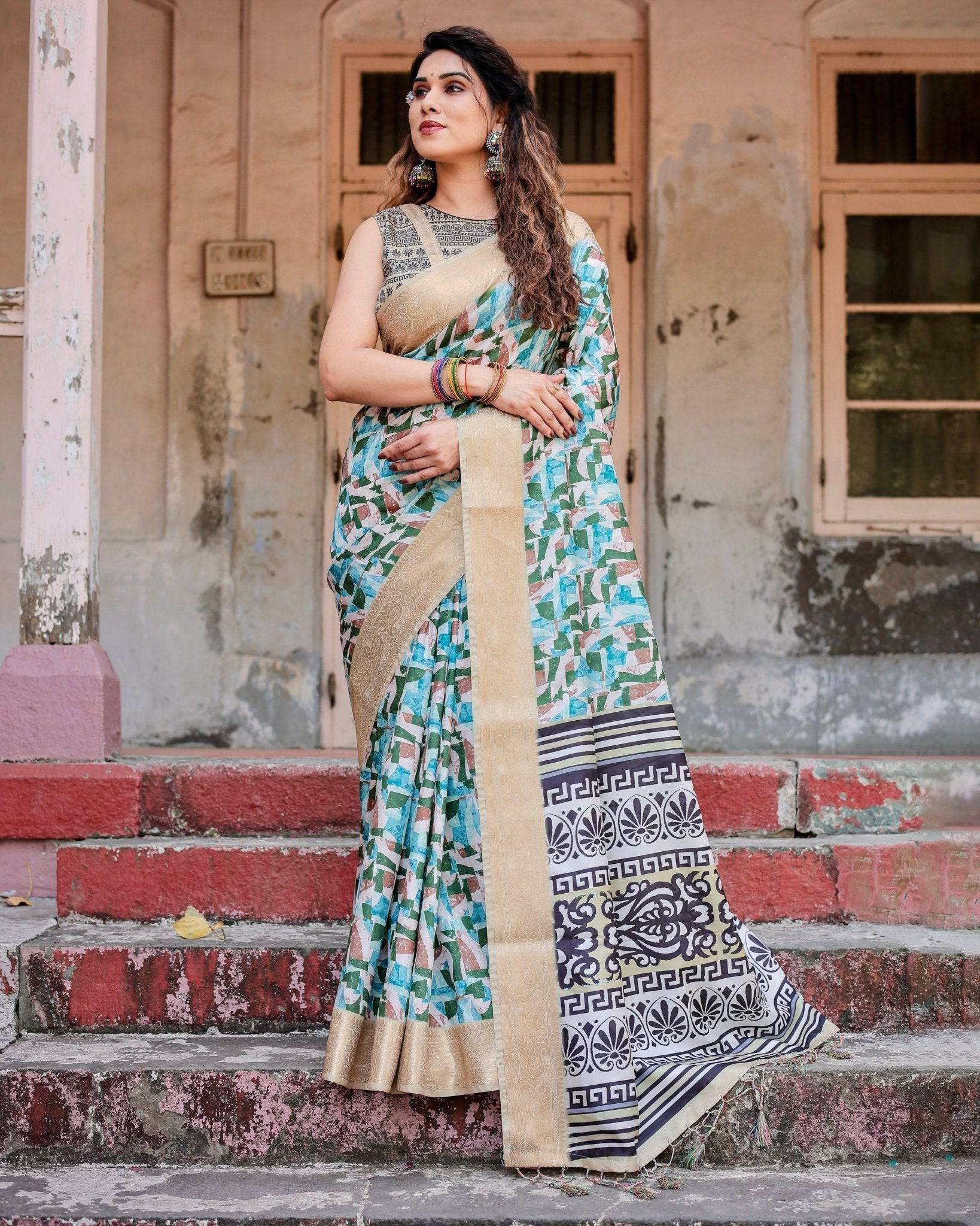 Pure Silk Digitally Printed Saree Weaved With Golden Zari Comes With Tassels - Fashion Dream Studio