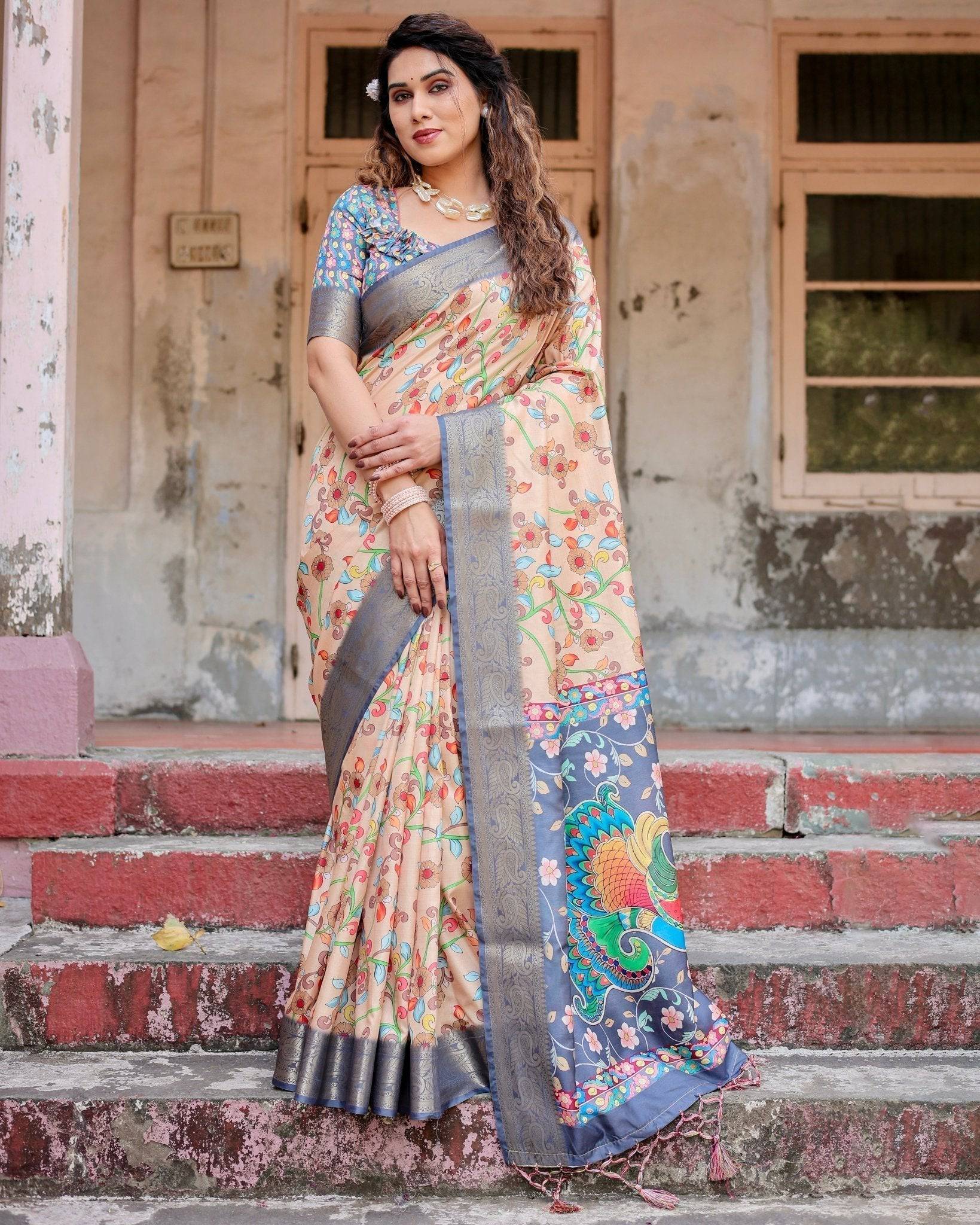 Pure Silk Digitally Printed Saree Weaved With Golden Zari Comes With Tassels