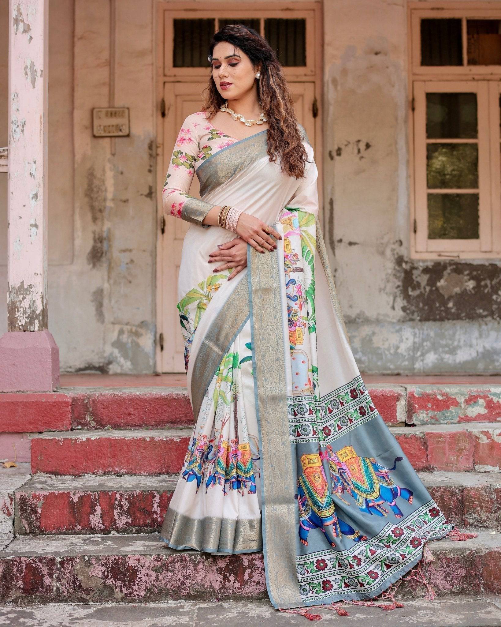 Pure Silk Digitally Printed Saree Weaved With Golden Zari Comes With Tassels