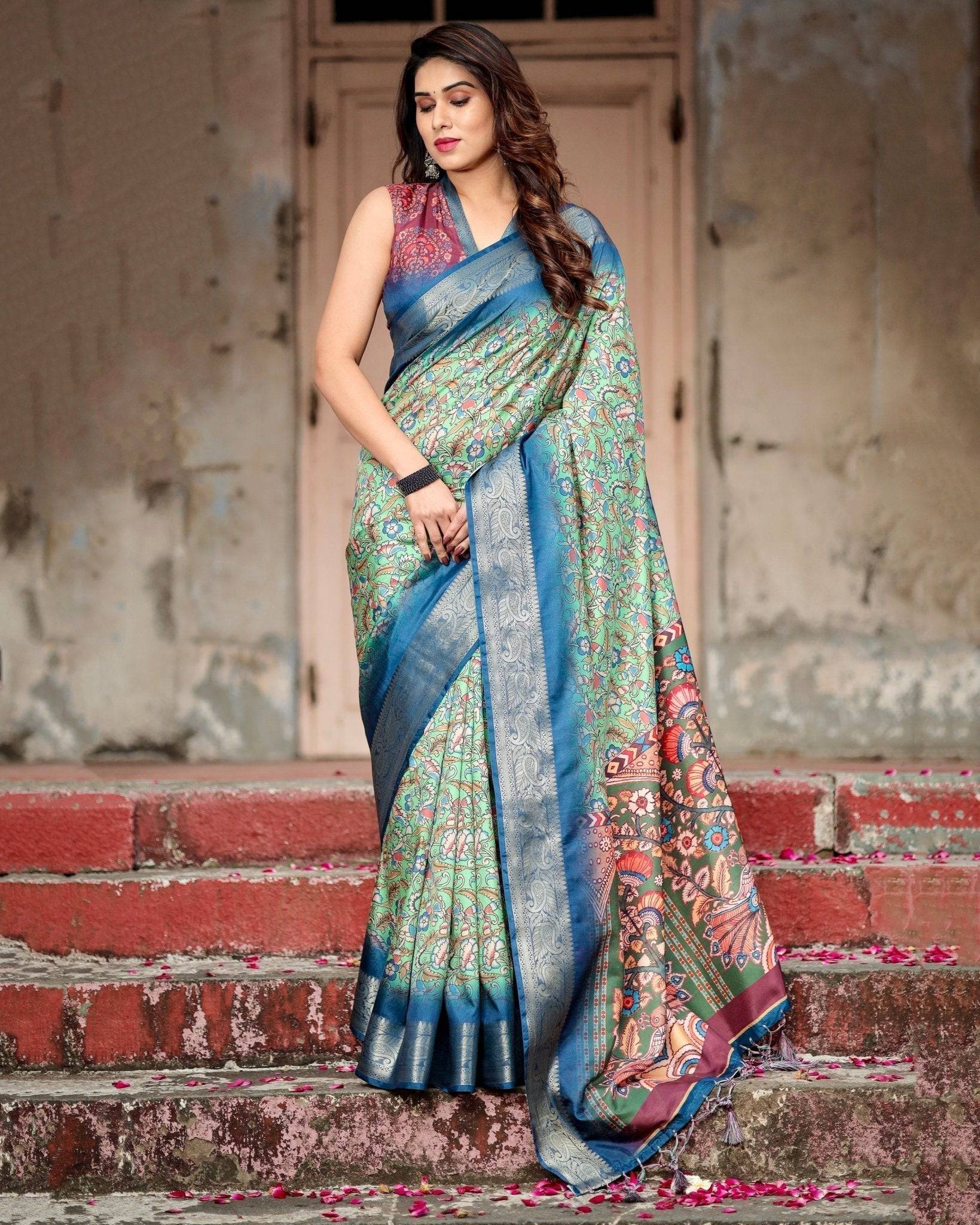 Pure Silk Digitally Printed Saree Weaved With Golden Zari Comes With Tassels