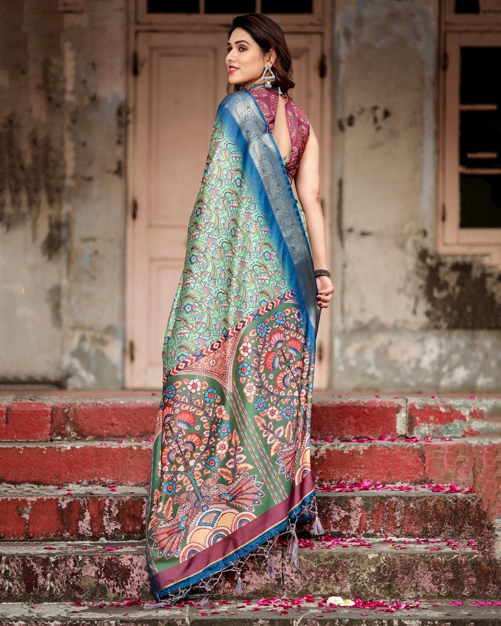 Pure Silk Digitally Printed Saree Weaved With Golden Zari Comes With Tassels - Fashion Dream Studio