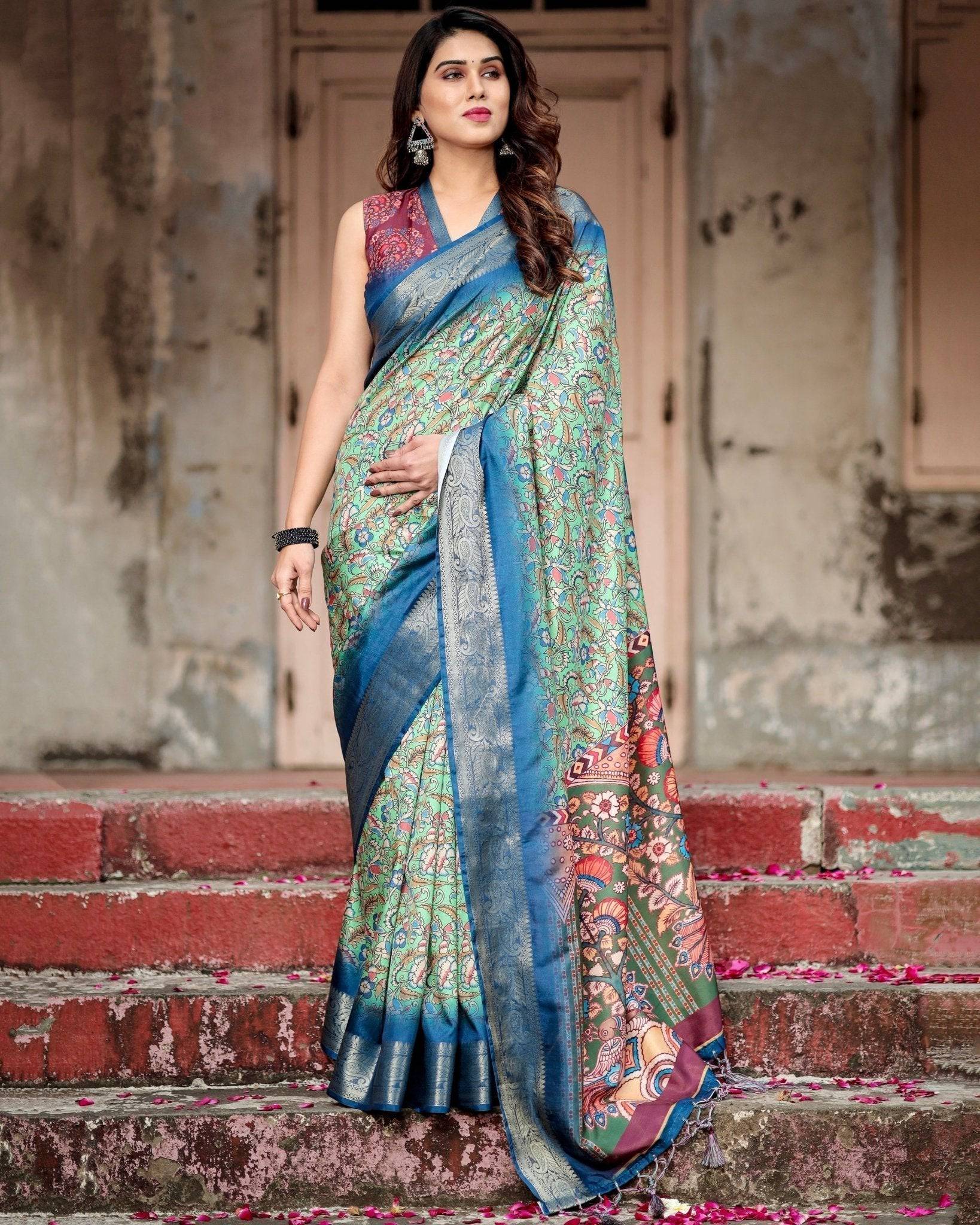 Pure Silk Digitally Printed Saree Weaved With Golden Zari Comes With Tassels - Fashion Dream Studio