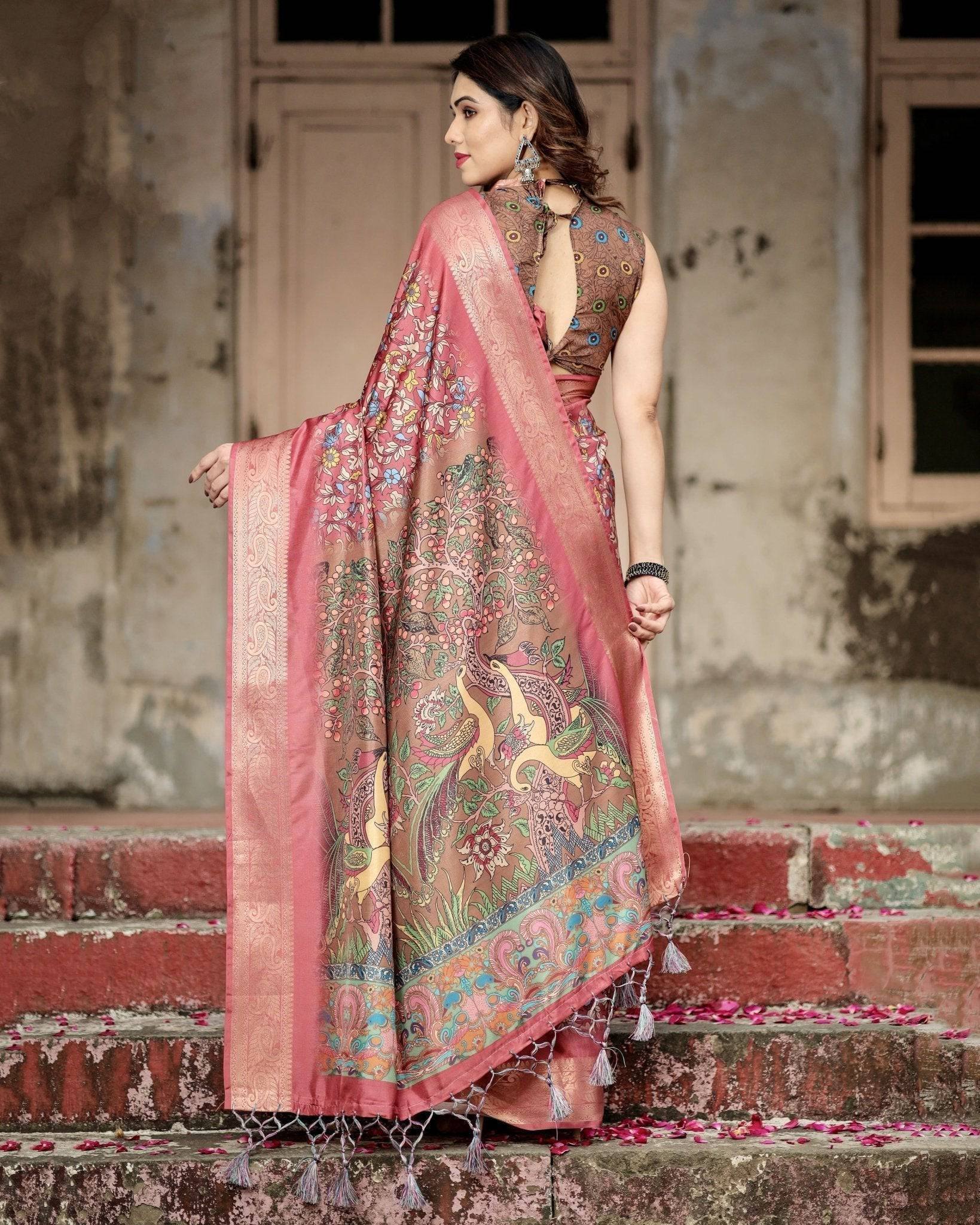 Pure Silk Digitally Printed Saree Weaved With Golden Zari Comes With Tassels - Fashion Dream Studio