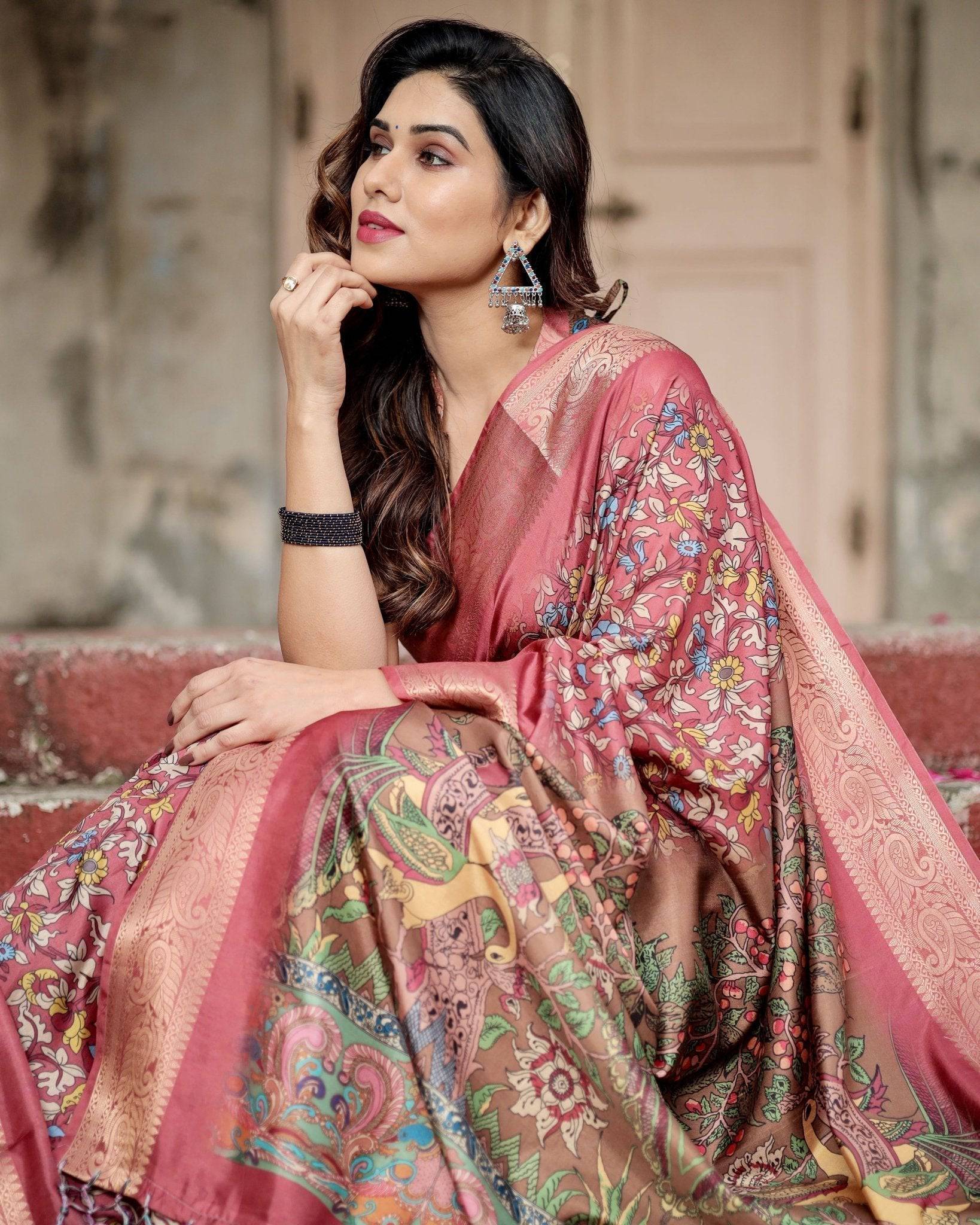 Pure Silk Digitally Printed Saree Weaved With Golden Zari Comes With Tassels - Fashion Dream Studio