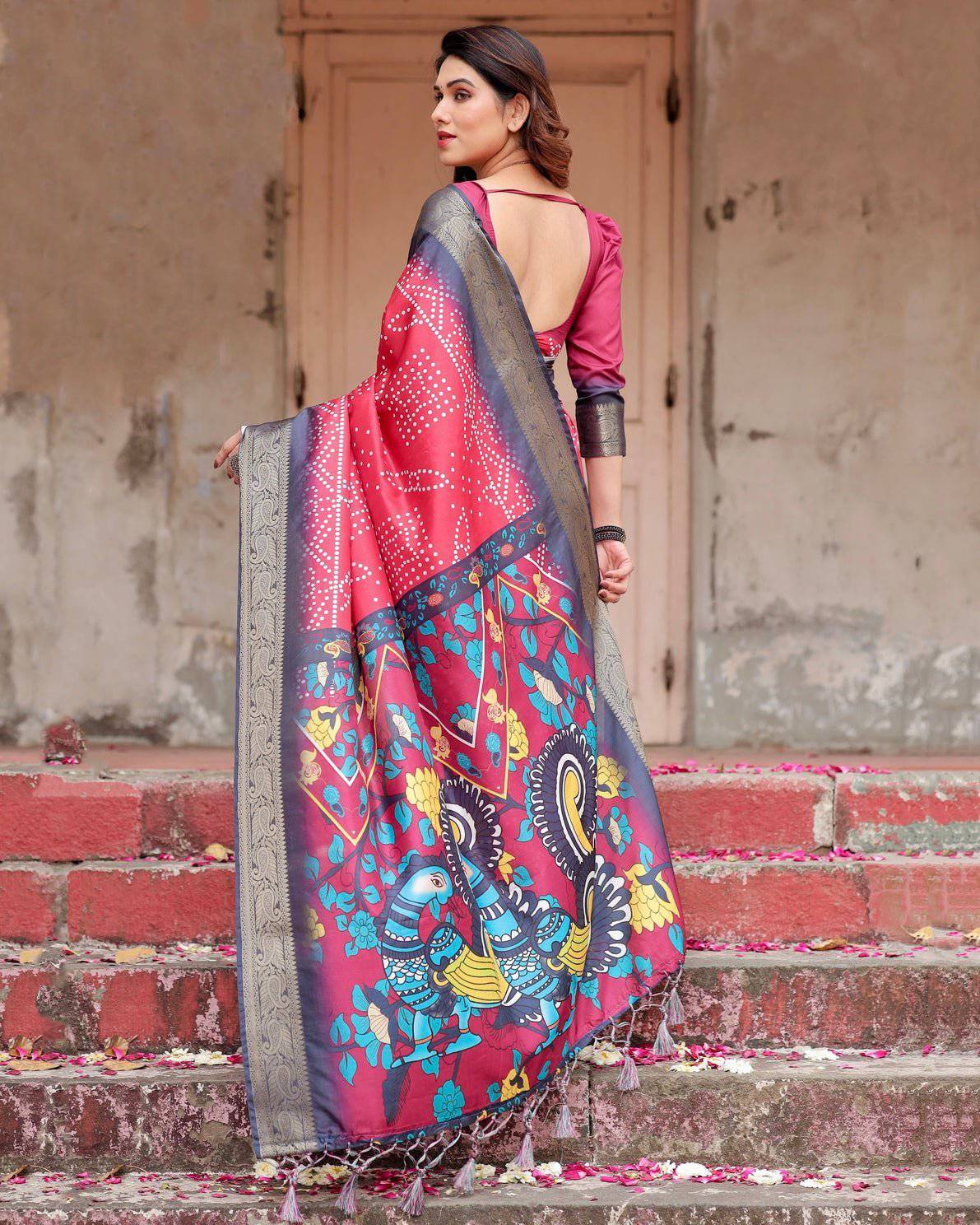 Pure Silk Digitally Printed Saree Weaved With Golden Zari Comes With Tassels - Fashion Dream Studio