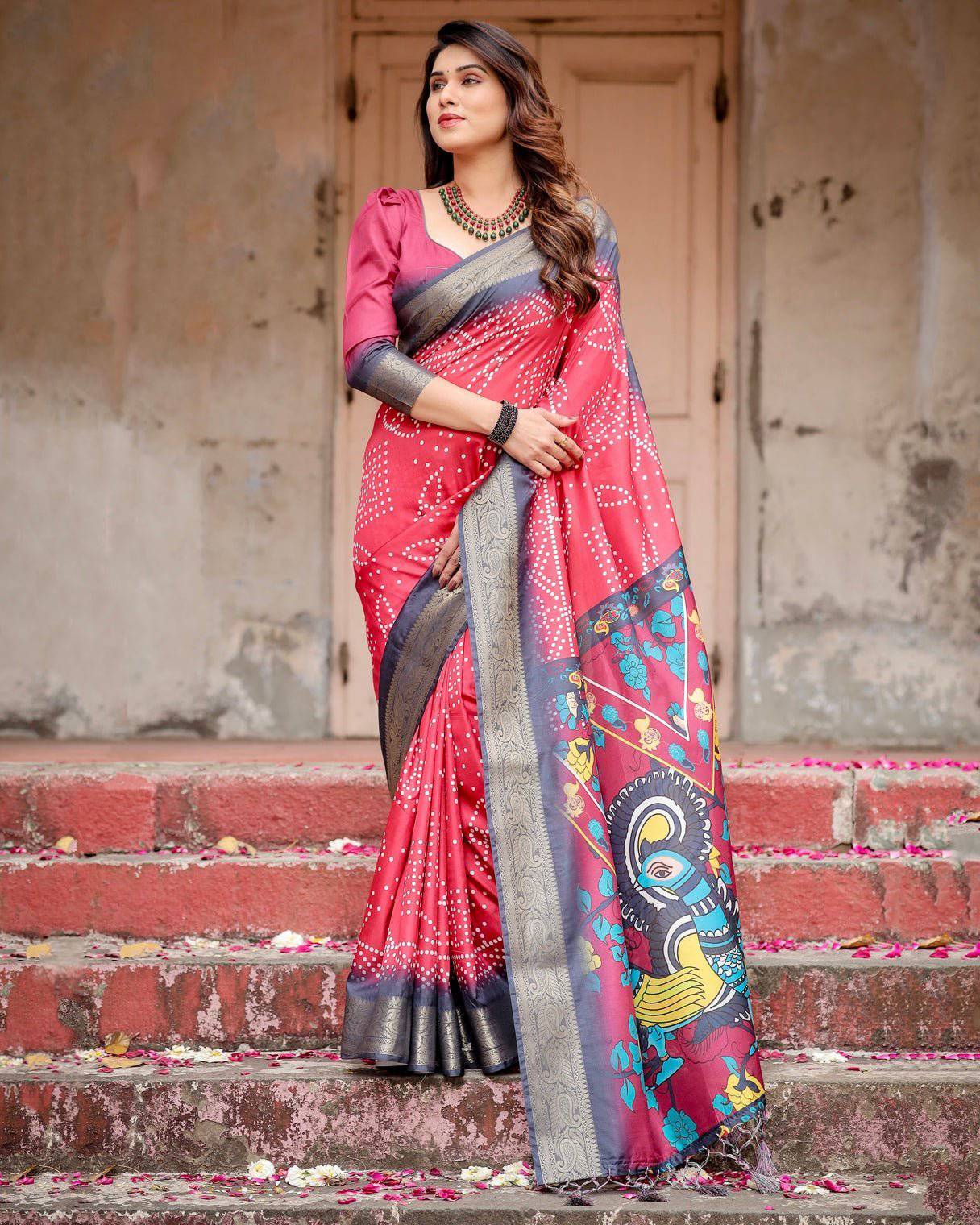 Pure Silk Digitally Printed Saree Weaved With Golden Zari Comes With Tassels - Fashion Dream Studio