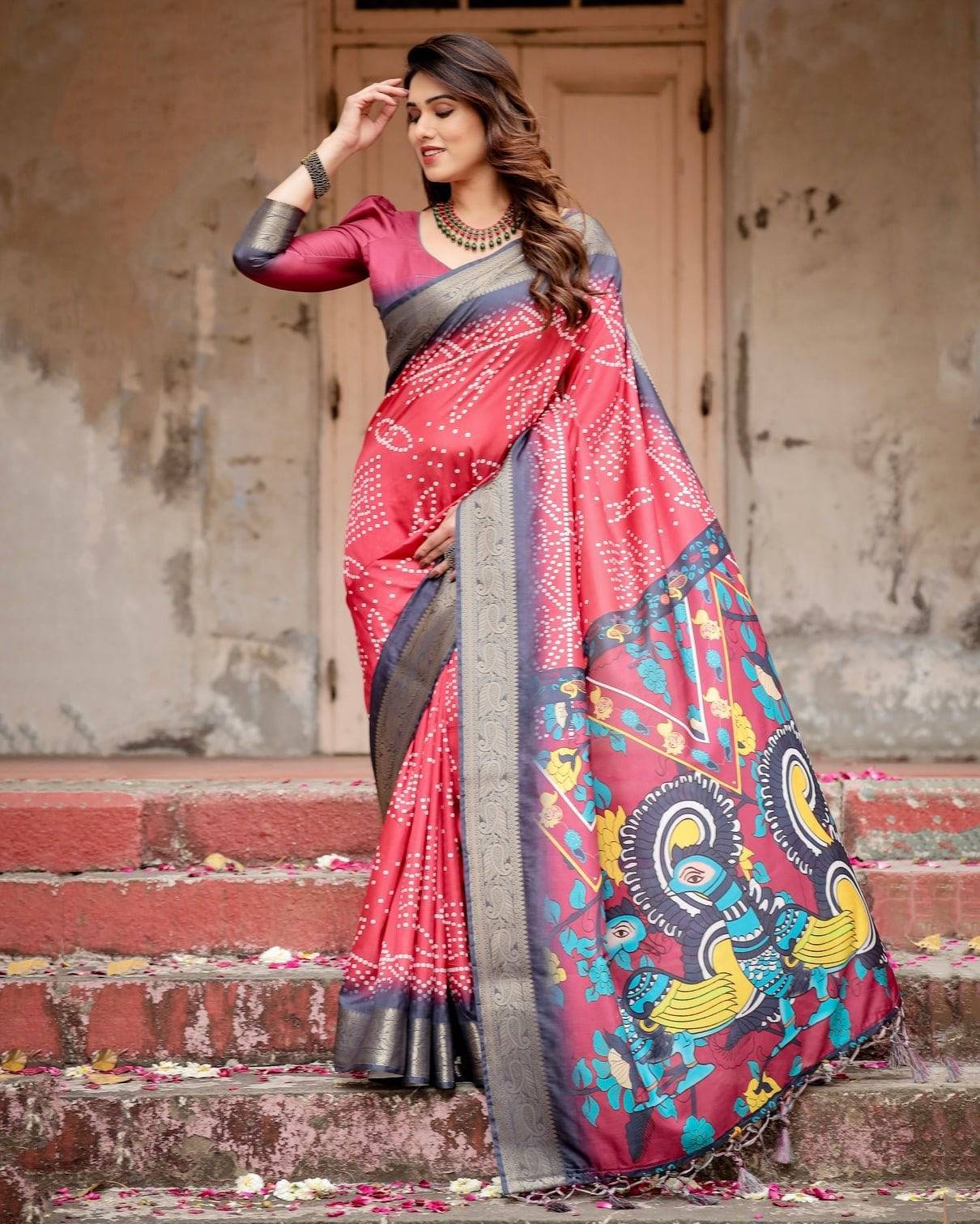 Pure Silk Digitally Printed Saree Weaved With Golden Zari Comes With Tassels - Fashion Dream Studio