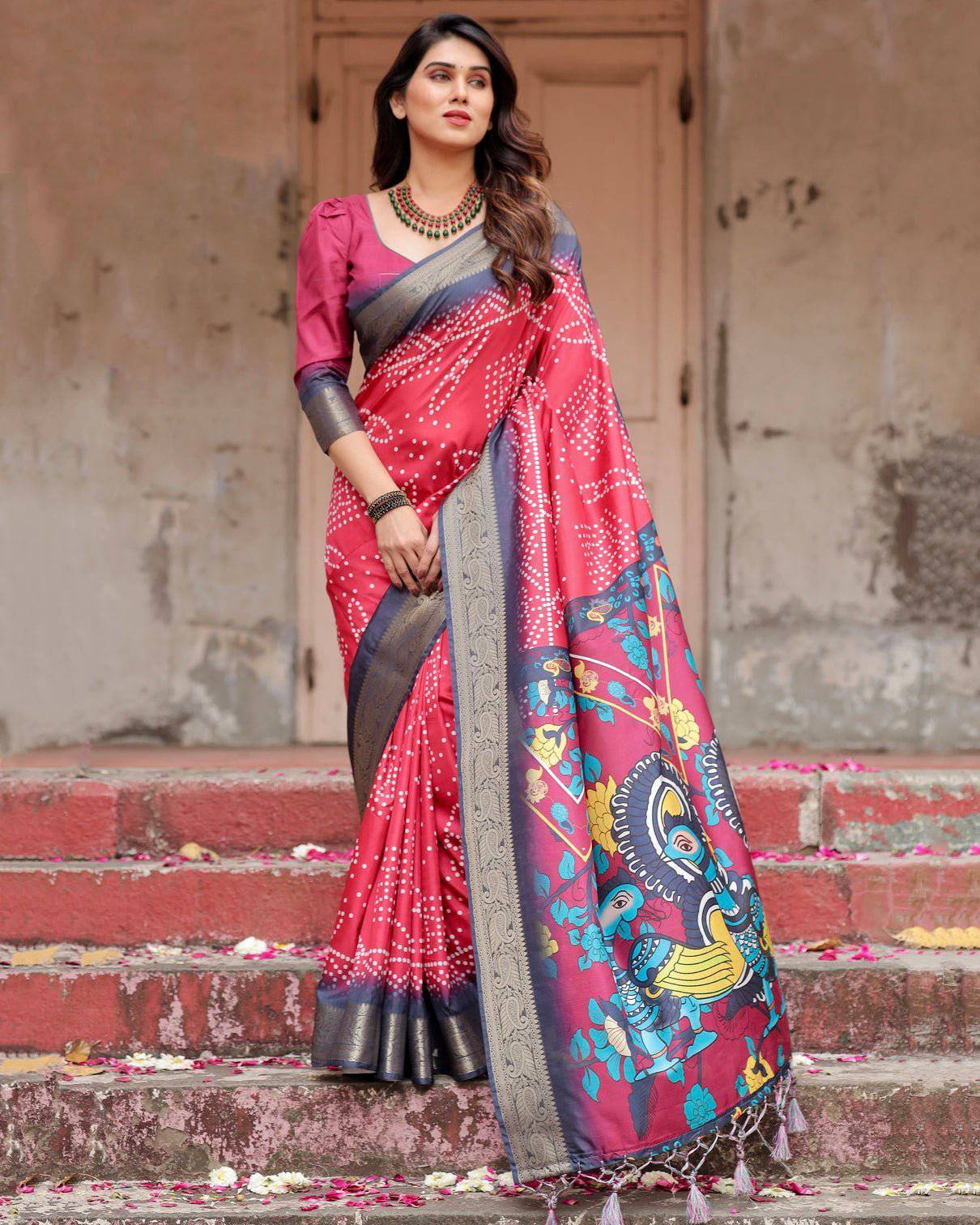 Pure Silk Digitally Printed Saree Weaved With Golden Zari Comes With Tassels - Fashion Dream Studio