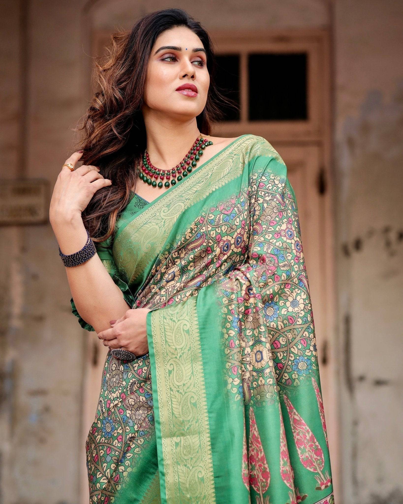 Pure Silk Digitally Printed Saree Weaved With Golden Zari Comes With Tassels - Fashion Dream Studio