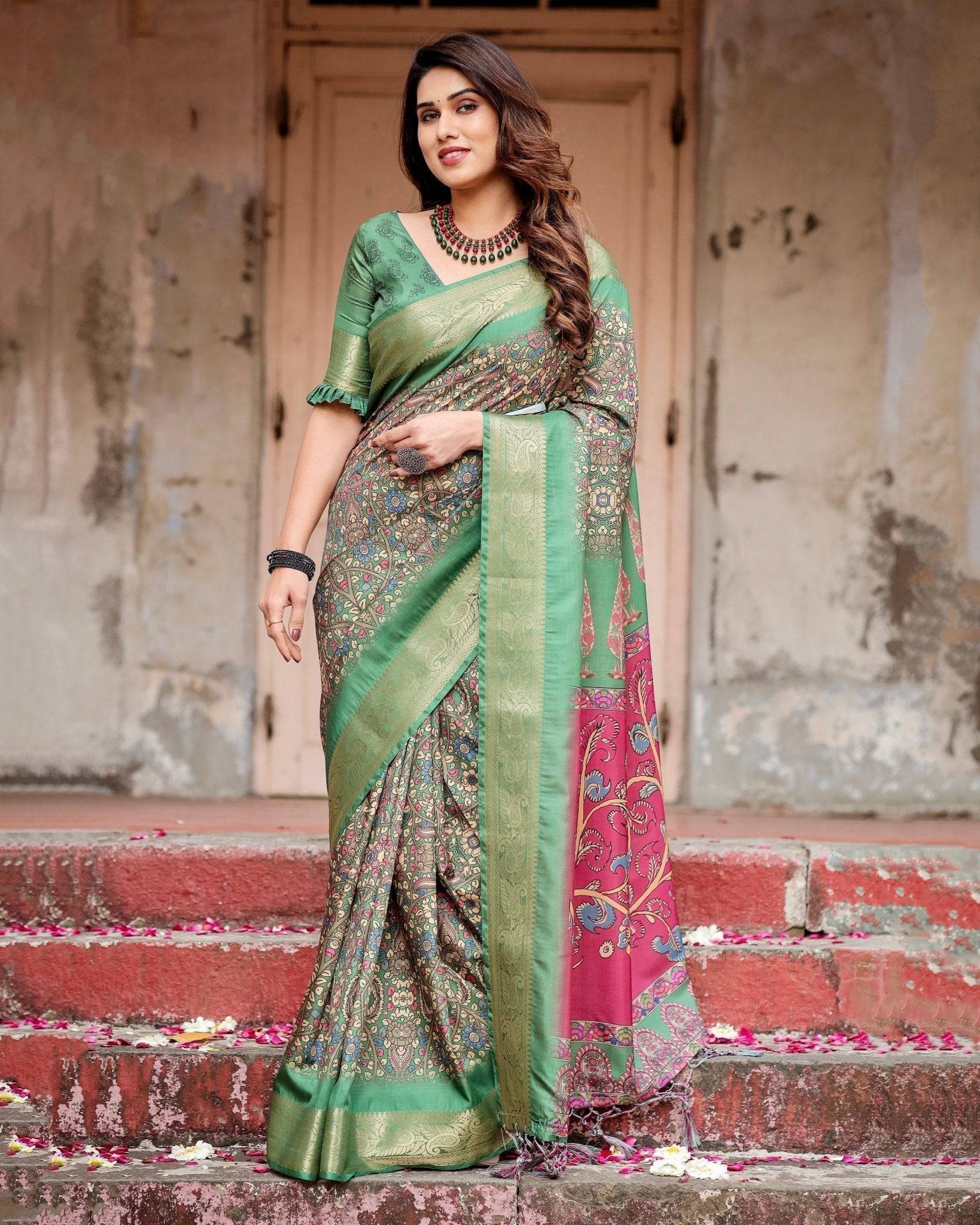 Pure Silk Digitally Printed Saree Weaved With Golden Zari Comes With Tassels - Fashion Dream Studio