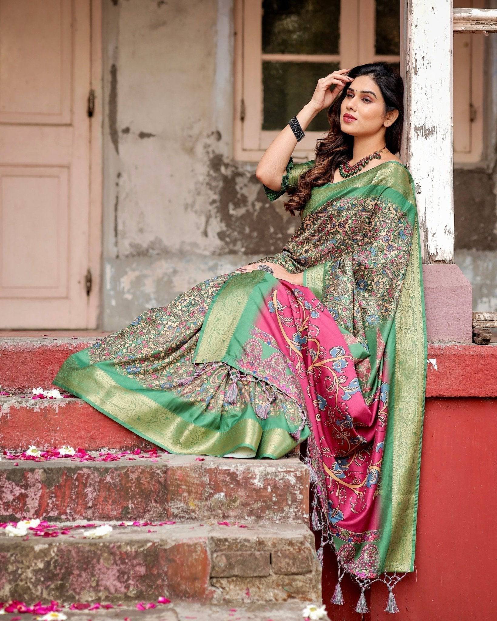 Pure Silk Digitally Printed Saree Weaved With Golden Zari Comes With Tassels - Fashion Dream Studio